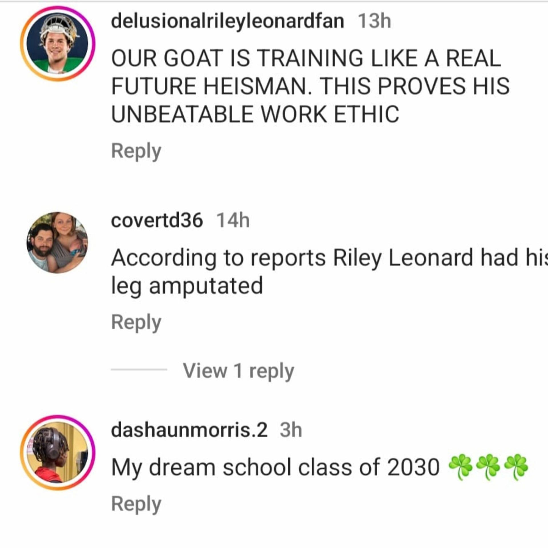 Fan comments on Notre Dame&#039;s IG post.