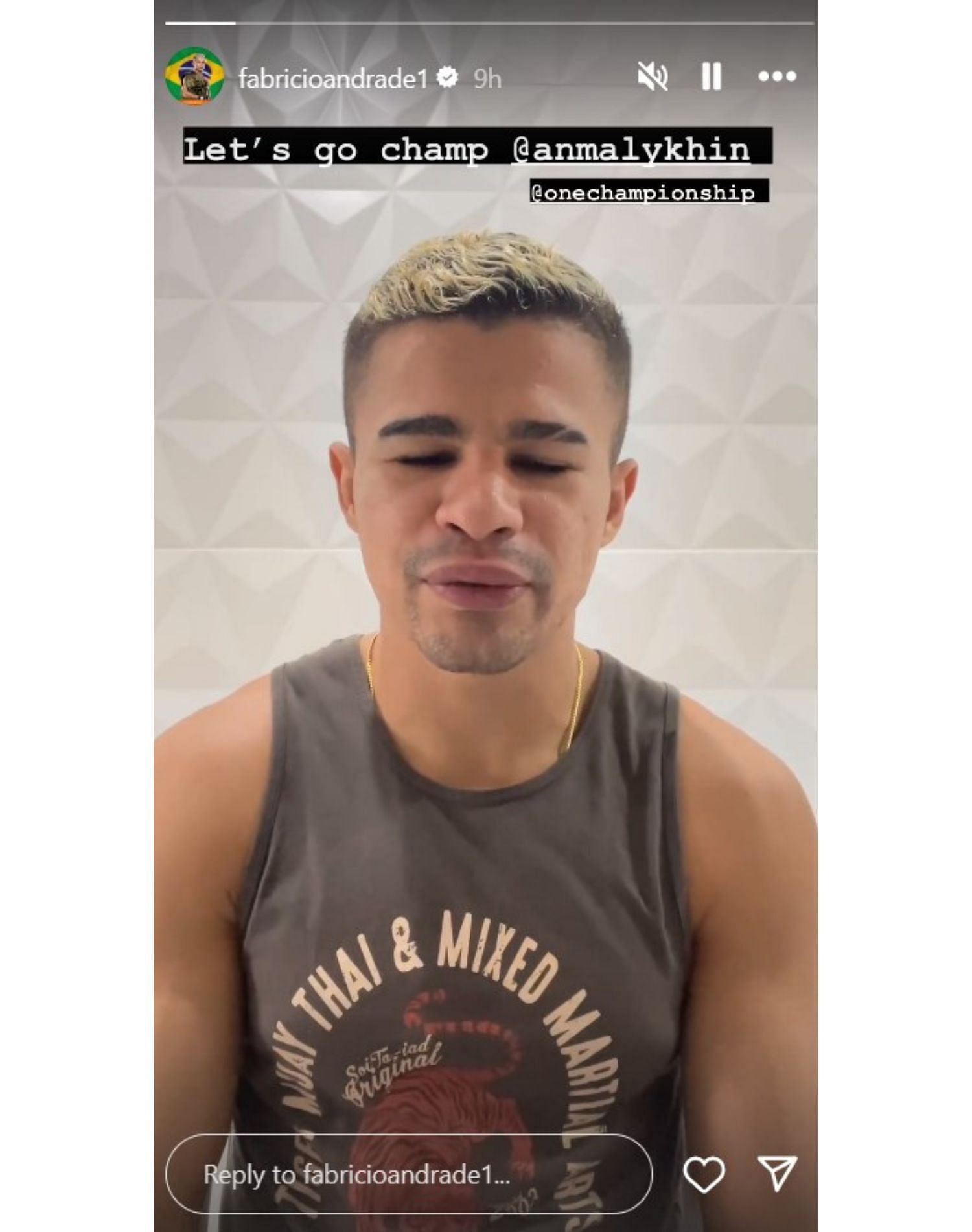 Fabricio Andrade gives his support to Anatoly Malykhin in an Instagram story.