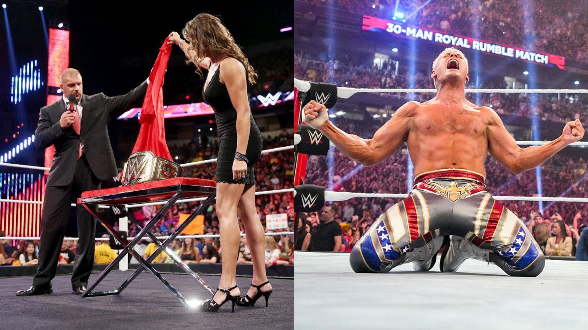 Triple H and Stephanie McMahon unveiling the WWE Championship belt in 2015 (left); Cody Rhodes after winning his second straight Royal Rumble in 2024 (right)