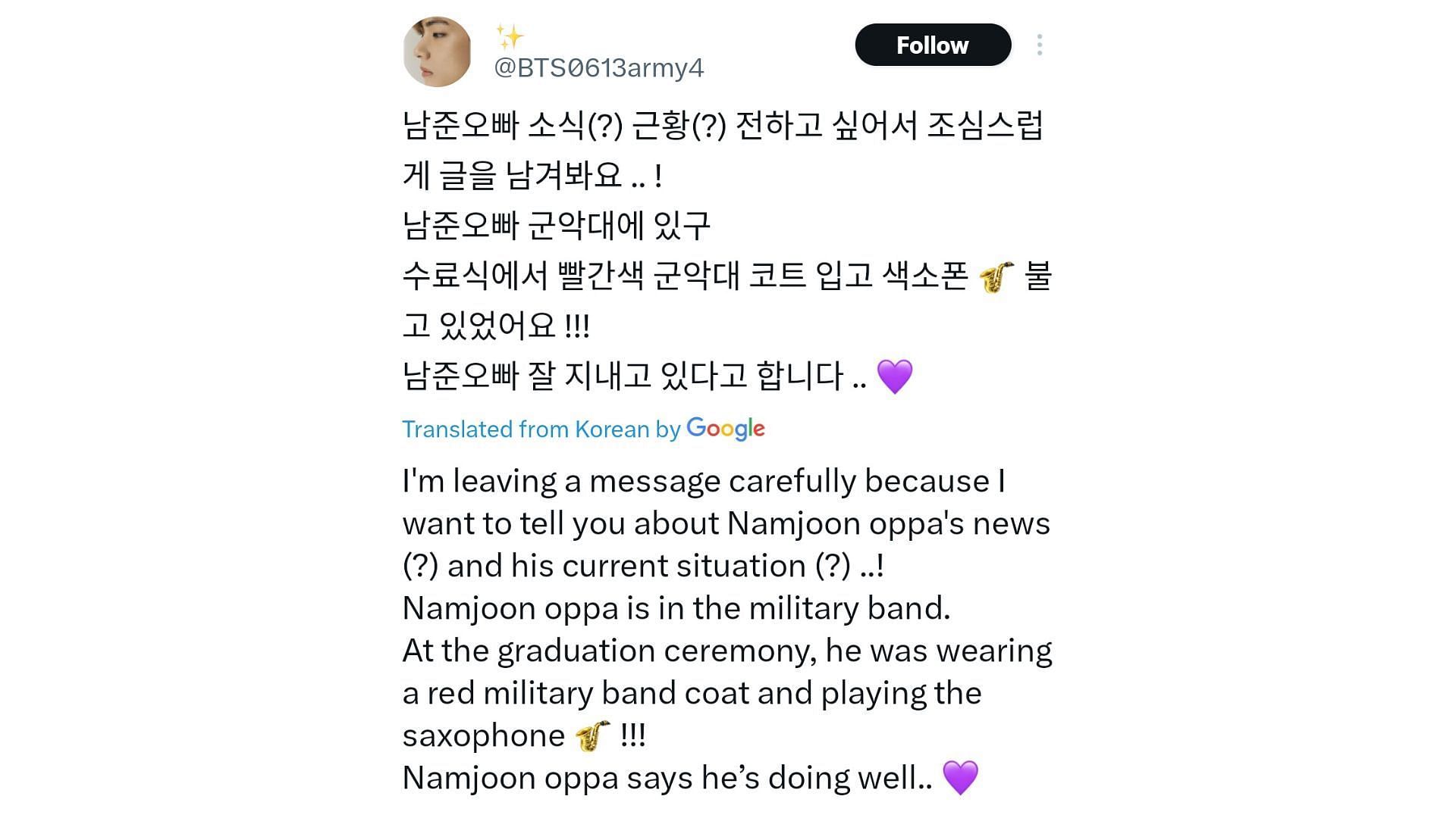 A netizen claimed that BTS&#039; RM has joined military band (Image Via X/@bts0613army4)