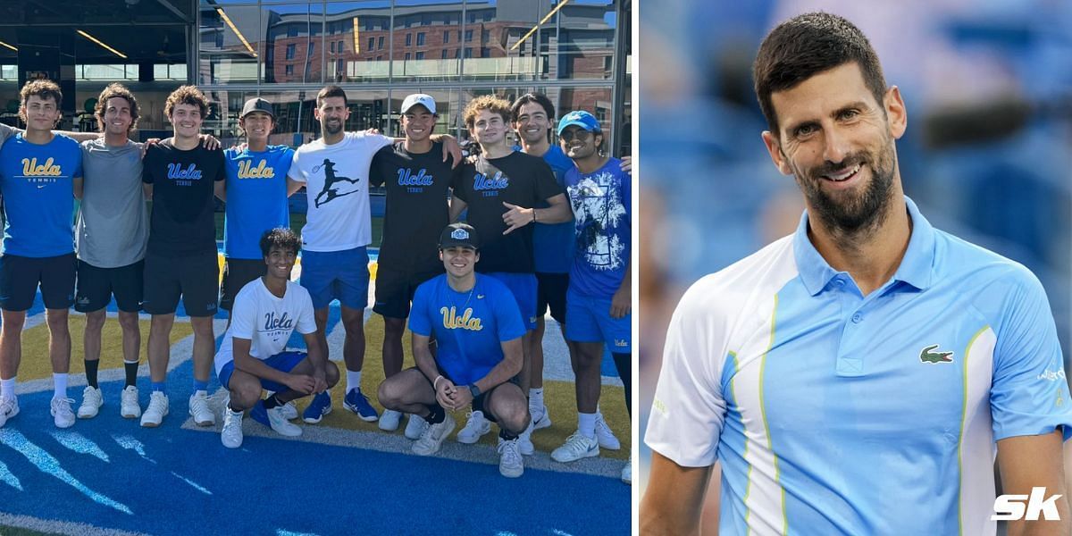 Novak Djokovic poses with UCLA students after practice session