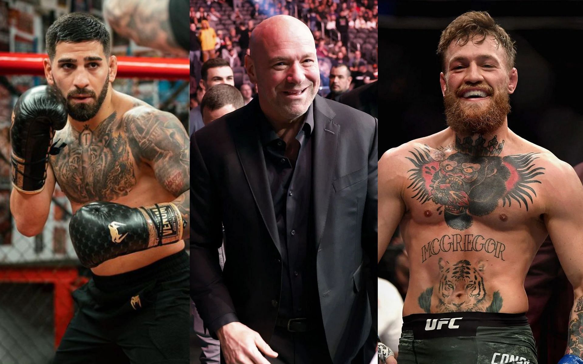 Ilia Topuria (left) shares response to Dana White (middle) ruling out a Conor McGregor (right) return to featherweight [Images Courtesy: @GettyImages and @iliatopuria on Instagram]
