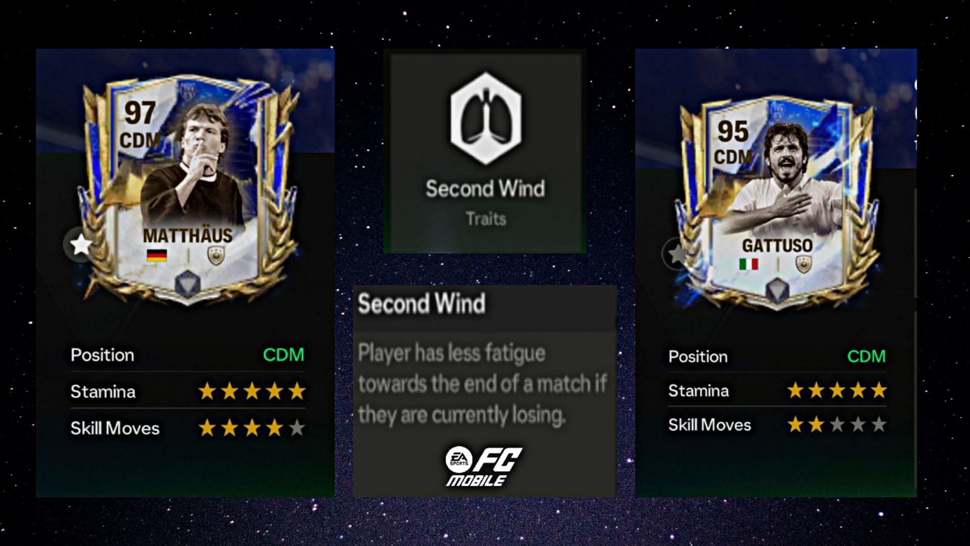 TOTY ICONs Lothar Matth&auml;us and Gennaro Gattuso are the first two cards to receive the FC Mobile Second Wind trait (Screengrab via EA Sports)