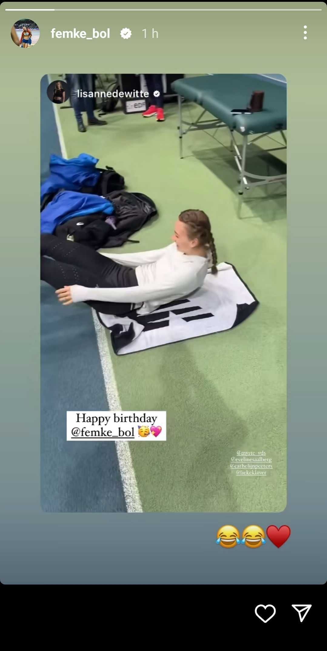 Screenshot of Lisanne de Witte&#039;s Instagram story on Femke Bol&#039;s birthday.