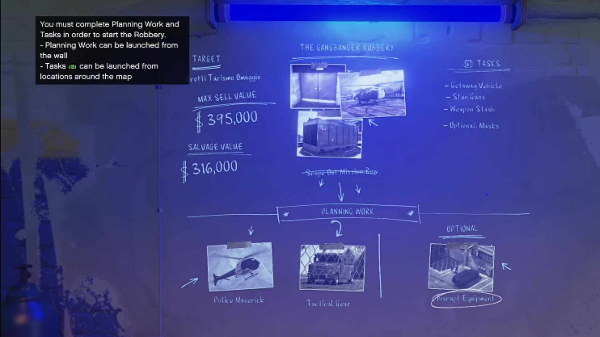 The GTA Online Gangbanger Robbery planning board (Image via Rockstar Games)