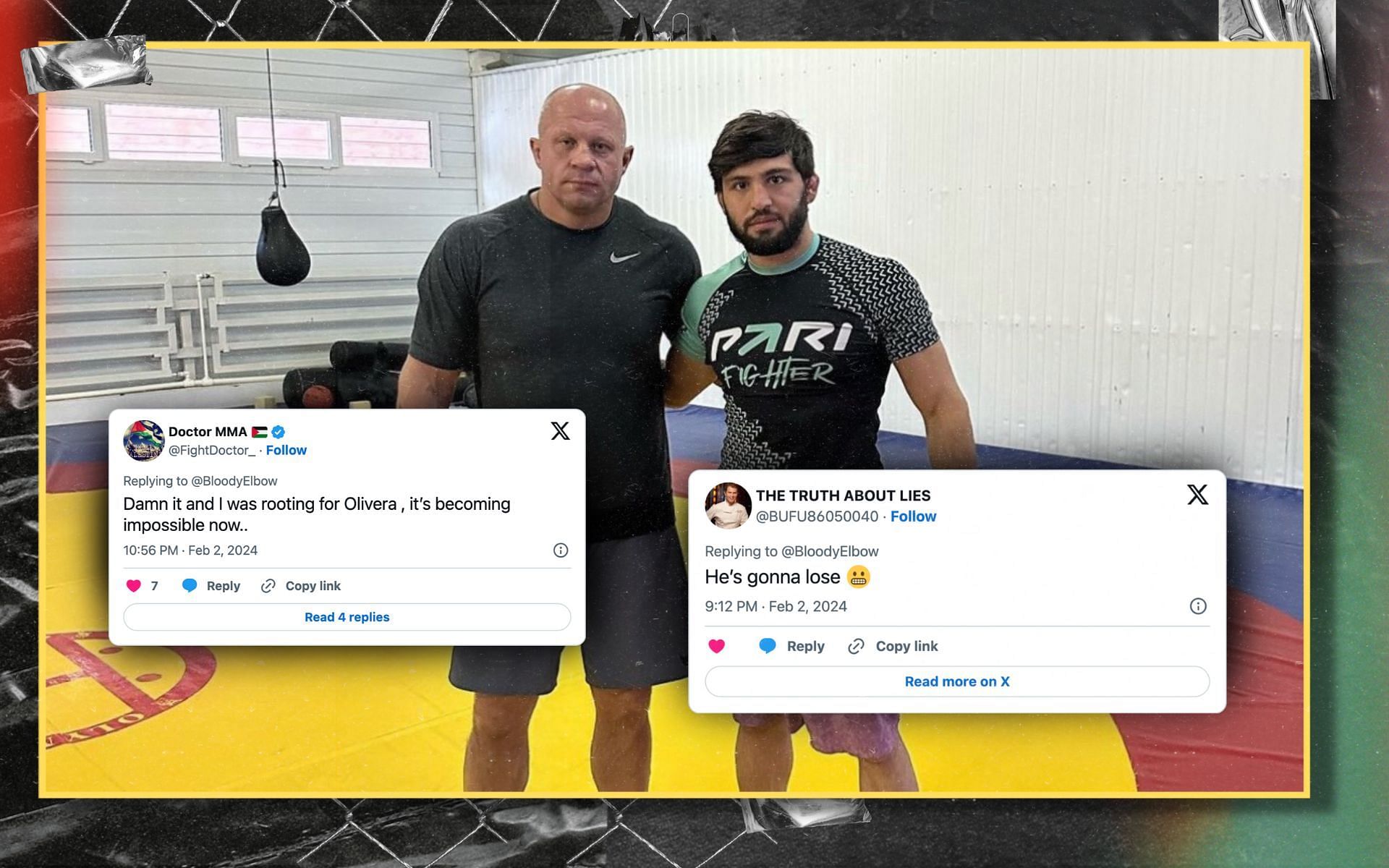 Fedor Emelianenko (left) training Arman Tsarukyan (right) ahead of UFC 300. [Image credits: @BloddyElbow on X]