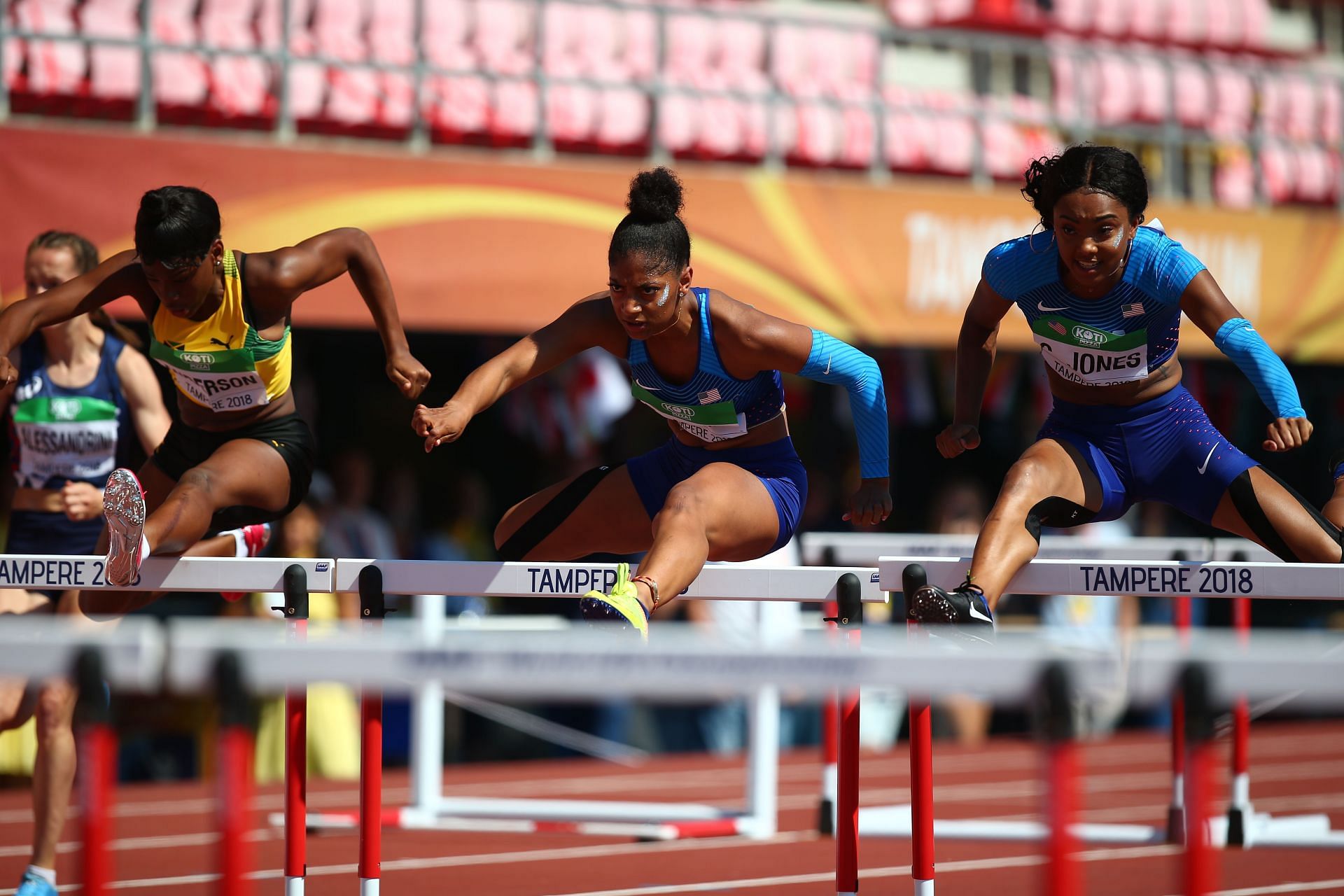 Britany Anderson of Jamaica, Tia Jones of The USA, and Courtney Jones of The USA in action during the final of the women&#039;s 100m hurdles on day six of The IAAF World U20 Championships on July 15, 2018, in Tampere, Finland. (Photo by Charlie Crowhurst/Getty Images for IAAF)