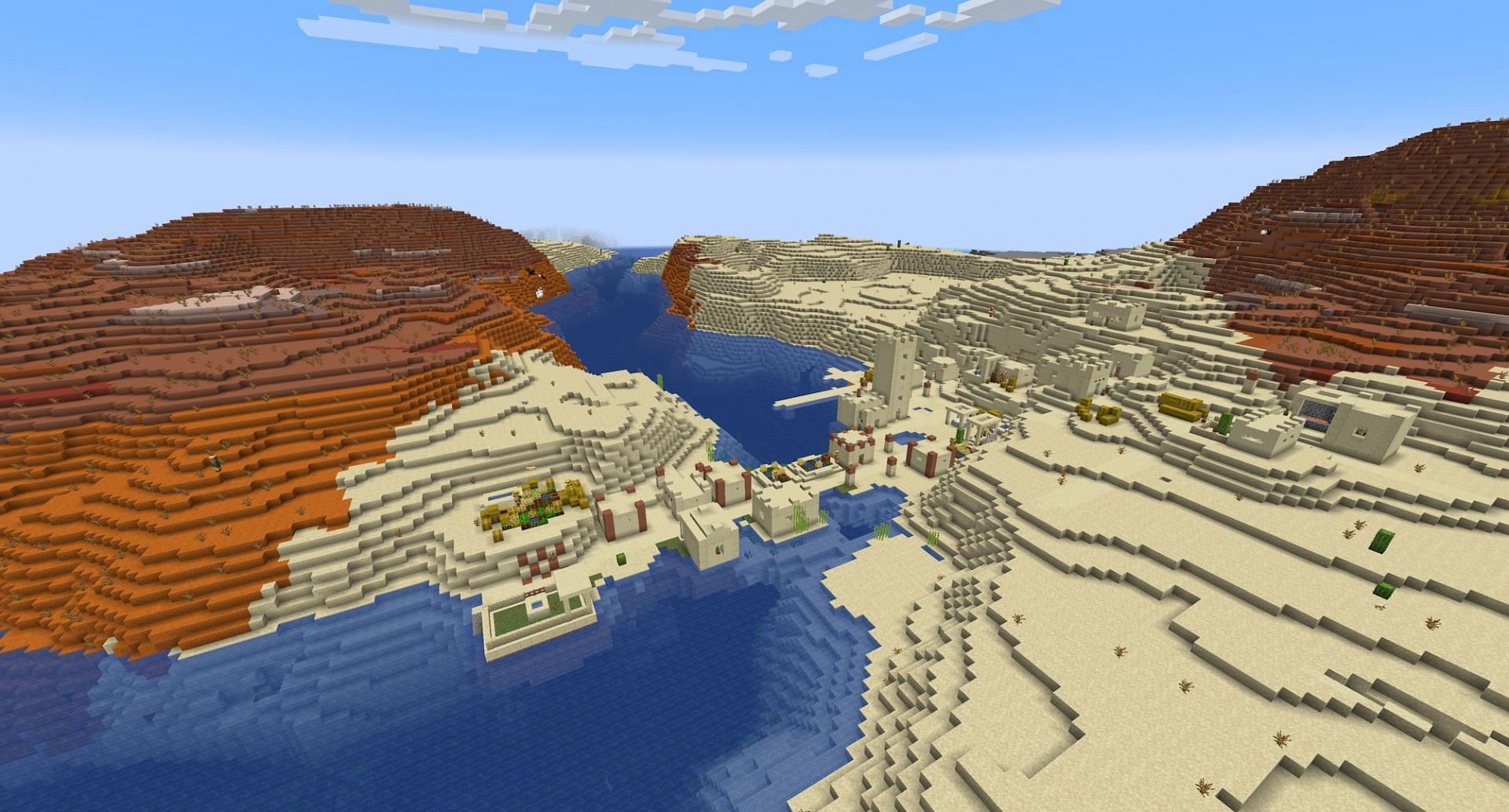 The seed&#039;s desert village near spawn. (Image via Mojang)