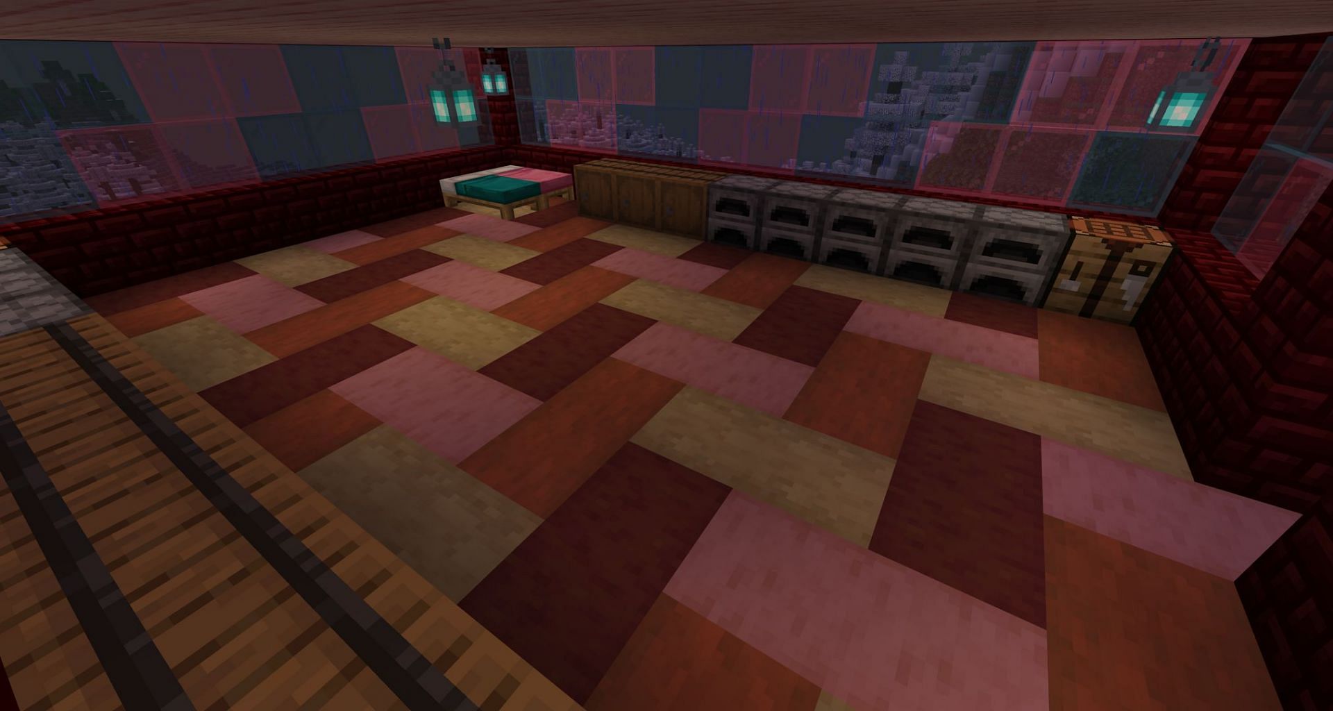 A pastel starter base with an alternating zig-zag floor (Image via Mojang Studios)