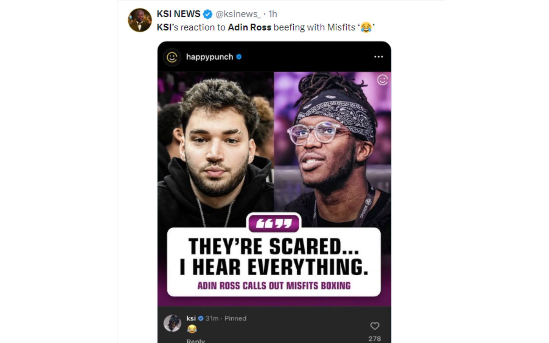 Tweet regarding KSI's response to Ross [Image courtesy: @ksinews_ - X]