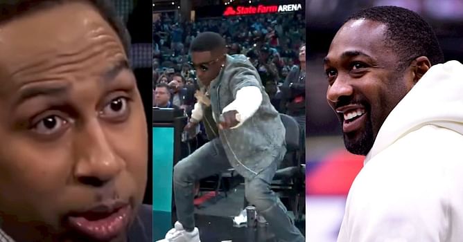 Gilbert Arenas uses Stephen A. Smith's “Who was on crack” meme while reacting to Boosie's overzealous dance during Hawks game