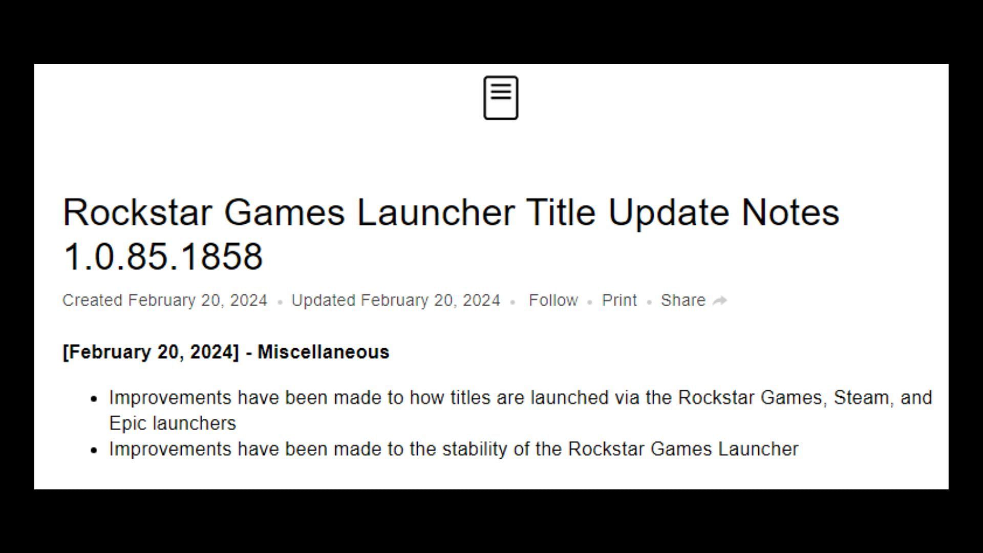 Rockstar Games Launcher title update patch notes (Image via Rockstar Games)