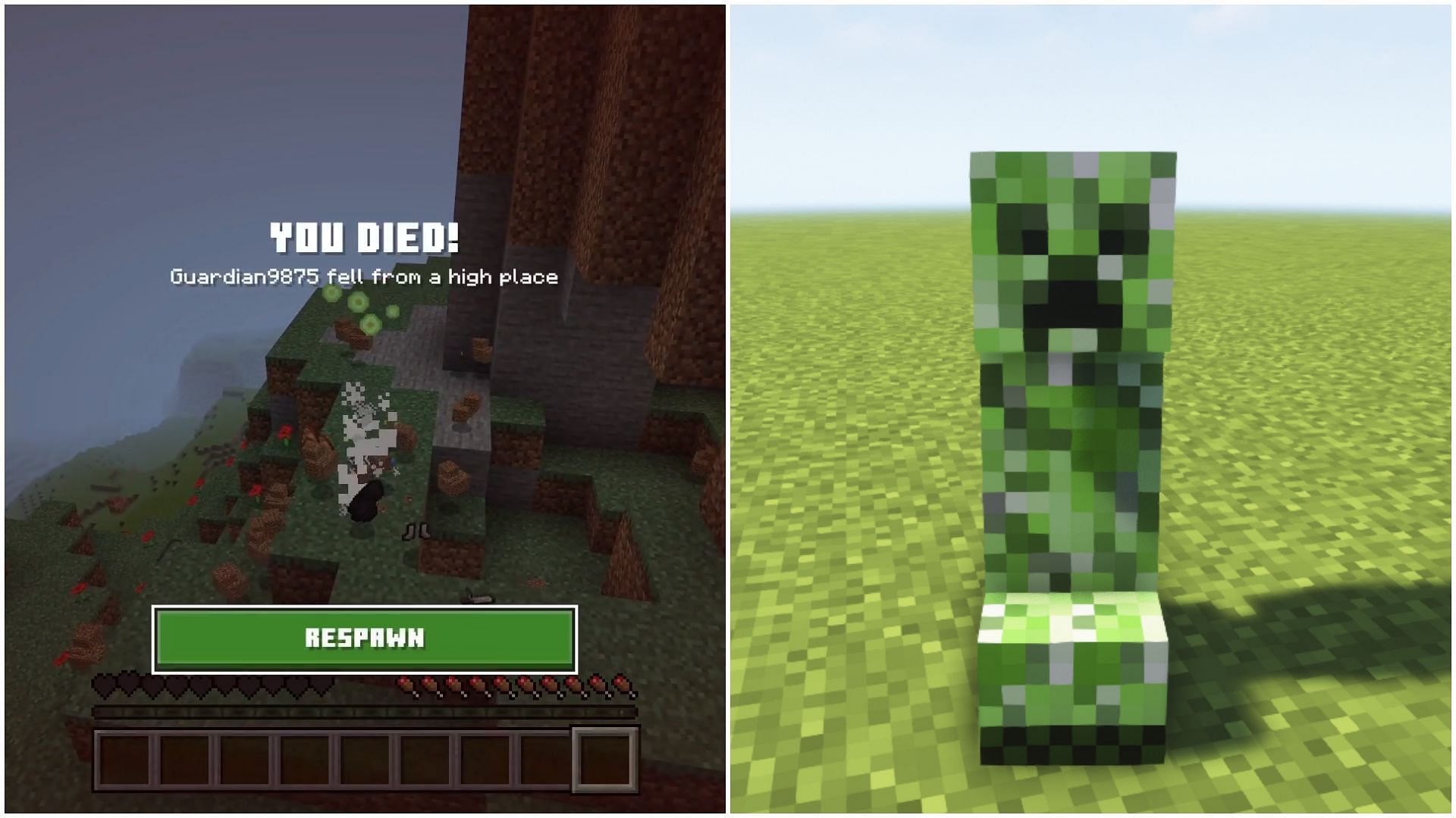 Minecraft Redditor hilariously gets launched by a creeper explosion (Images via Mojang and Reddit/u/Infinity_Guardian)
