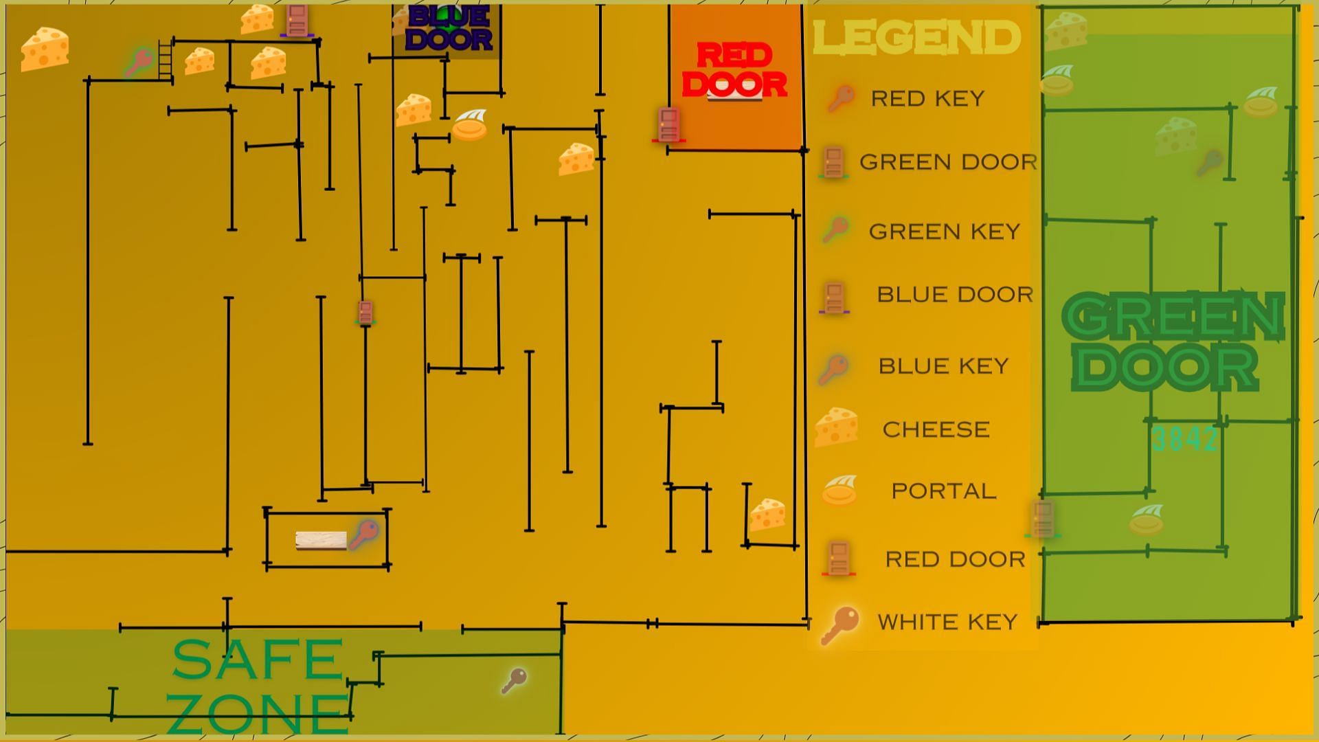 Escape map with all the cheese locations, key locations, Green Key Door, and more. (Image via Roblox || Sportskeeda)