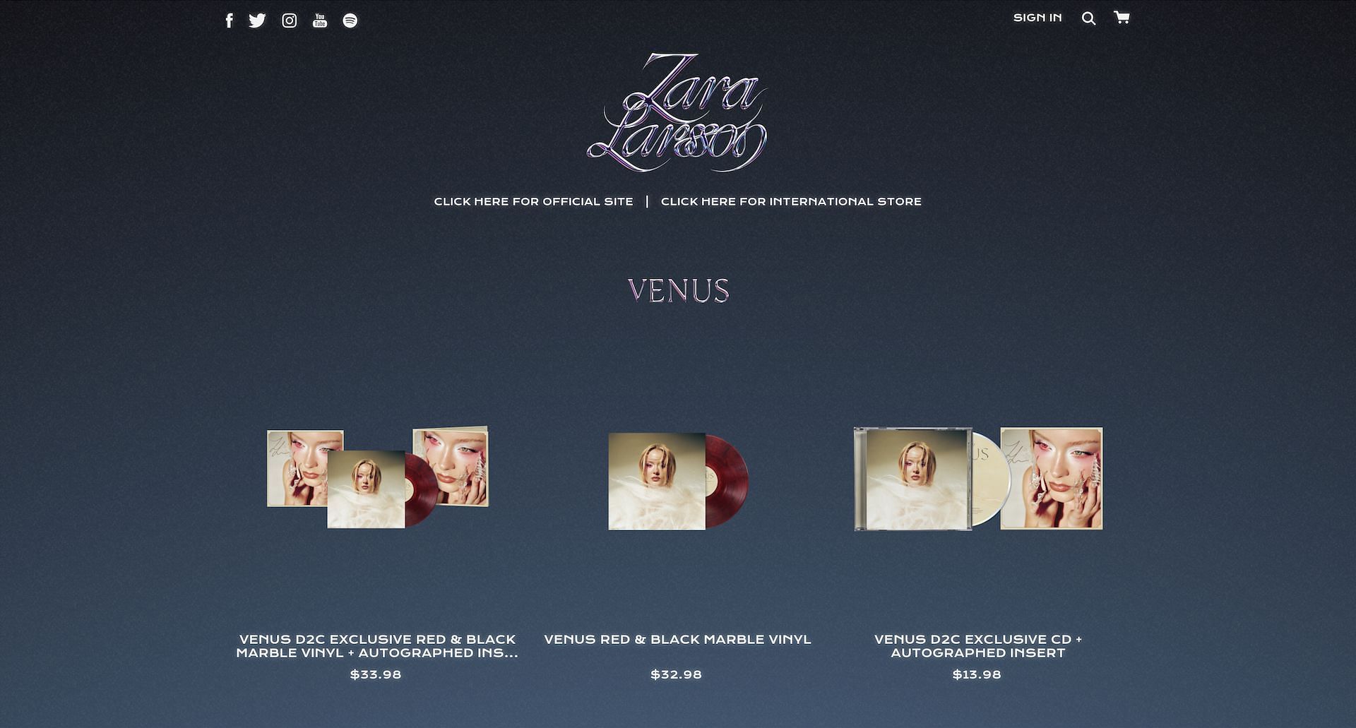 Screenshot of Zara Larsson&#039;s official website where &#039;Venus&#039;, and its associated merch, is currently listed for a pre-sale (Image via Zara Larsson&#039;s official website)