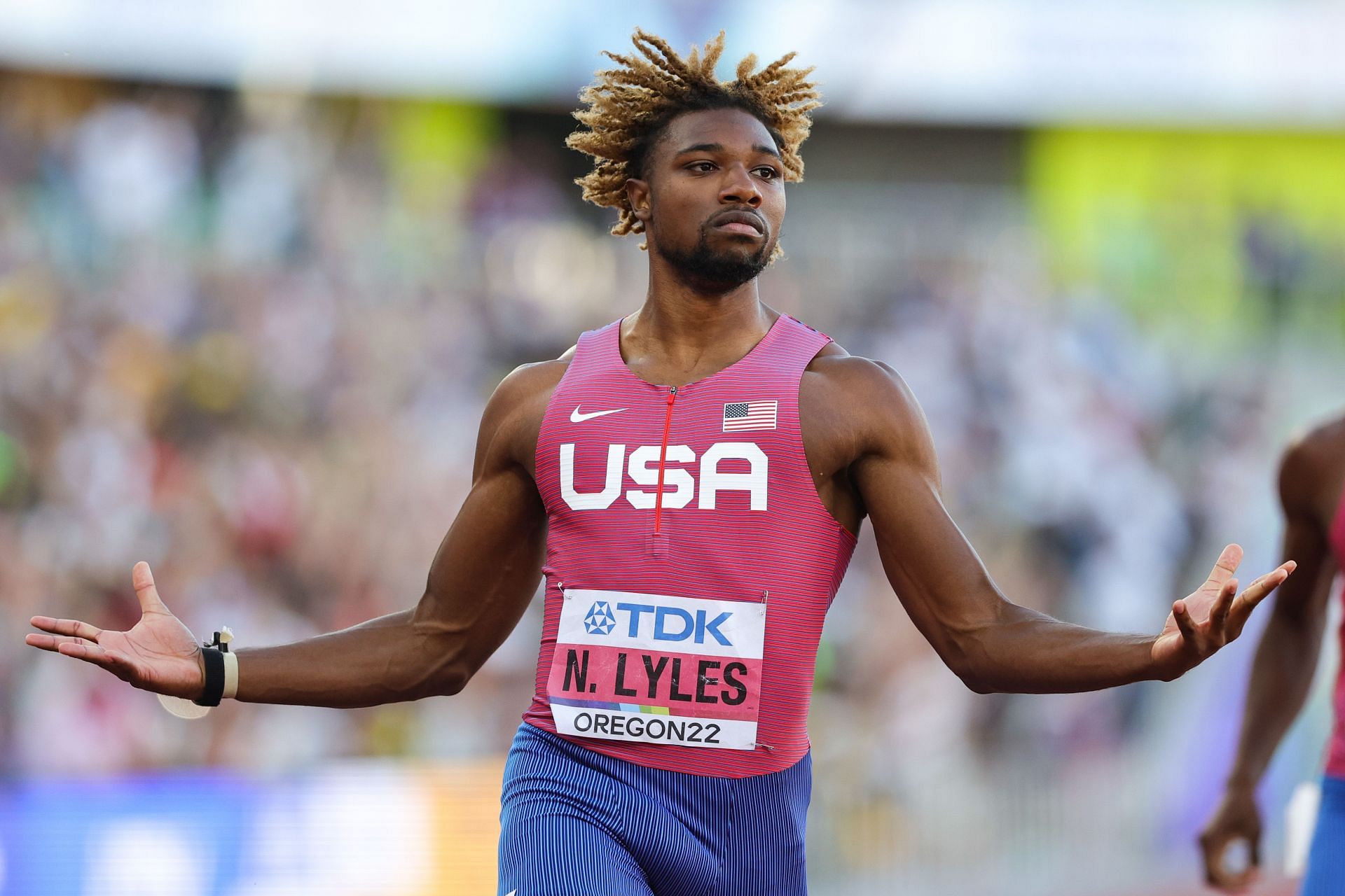 Lyles celebrates winning gold in the Men&#039;s 200m Final on day seven of the World Athletics Championships Oregon22 at Hayward Field on July 21, 2022, in Eugene, Oregon. (Photo by Carmen Mandato/Getty Images)