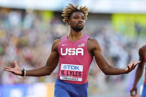 Lyles celebrates winning gold in the Men's 200m Final on day seven of the World Athletics Championships Oregon22 at Hayward Field on July 21, 2022, in Eugene, Oregon. (Photo by Carmen Mandato/Getty Images)