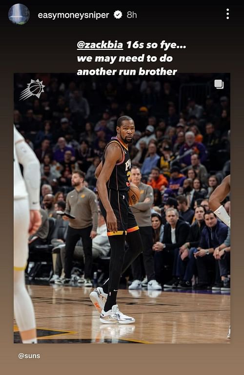 Kevin Durant's Instagram story giving the ultimate shout-out to Zack Bia for his sneaker design