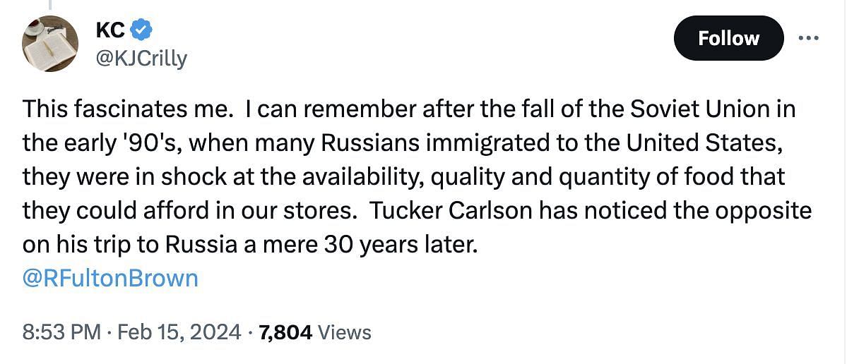 Social media users bashed Carlson as he uploaded a video comparing the Russian grocery store&#039;s prices to those in the US. (Image via @BGatesIsaPyscho/ X)