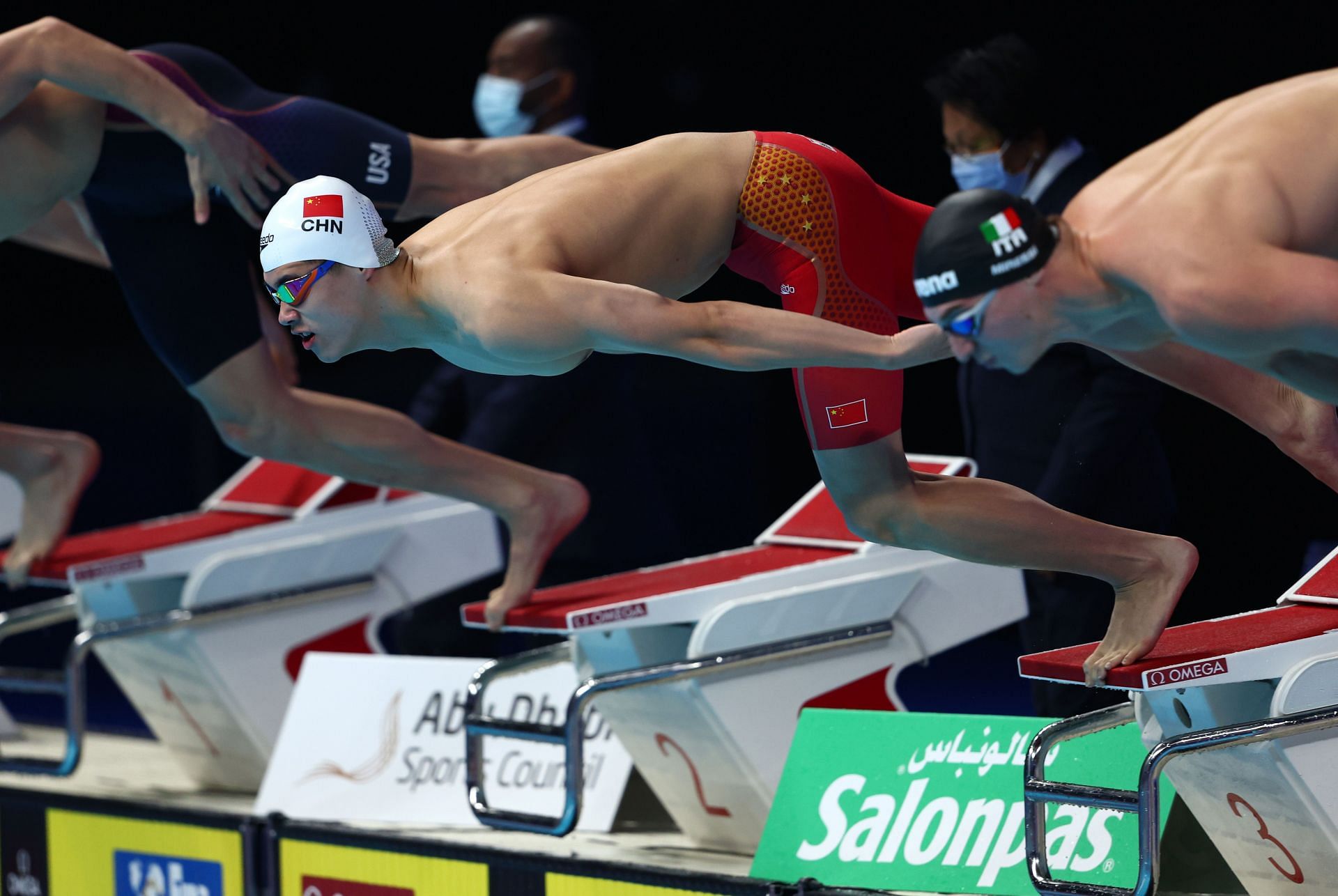 Zhanle Pan at the start of the Men&#039;s 100m Freestyle during the FINA World Swimming Championships (25m) in Abu Dhabi.