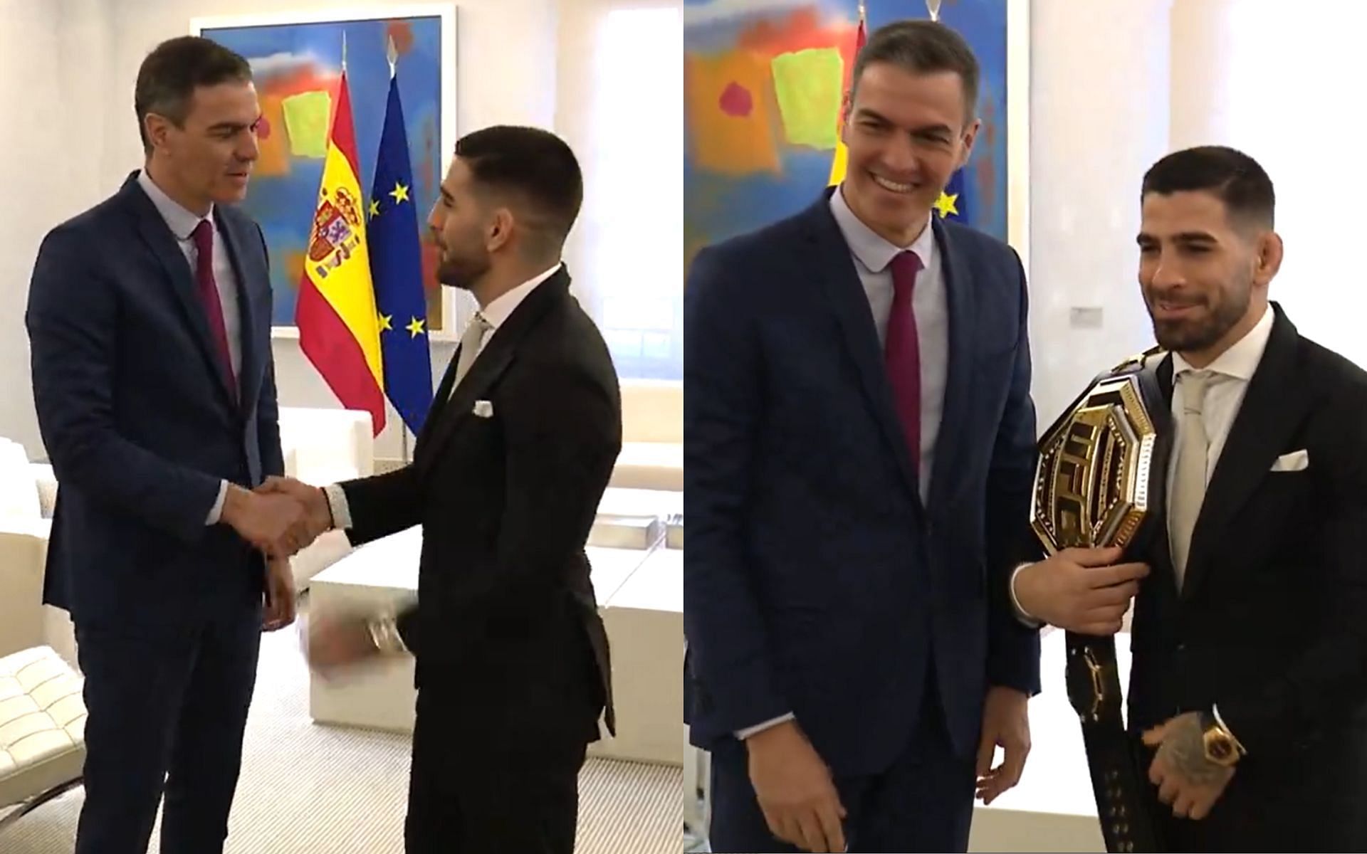 Pedro Sanchez, the president of Spain, and Ilia Topuria (left) and (right) after 