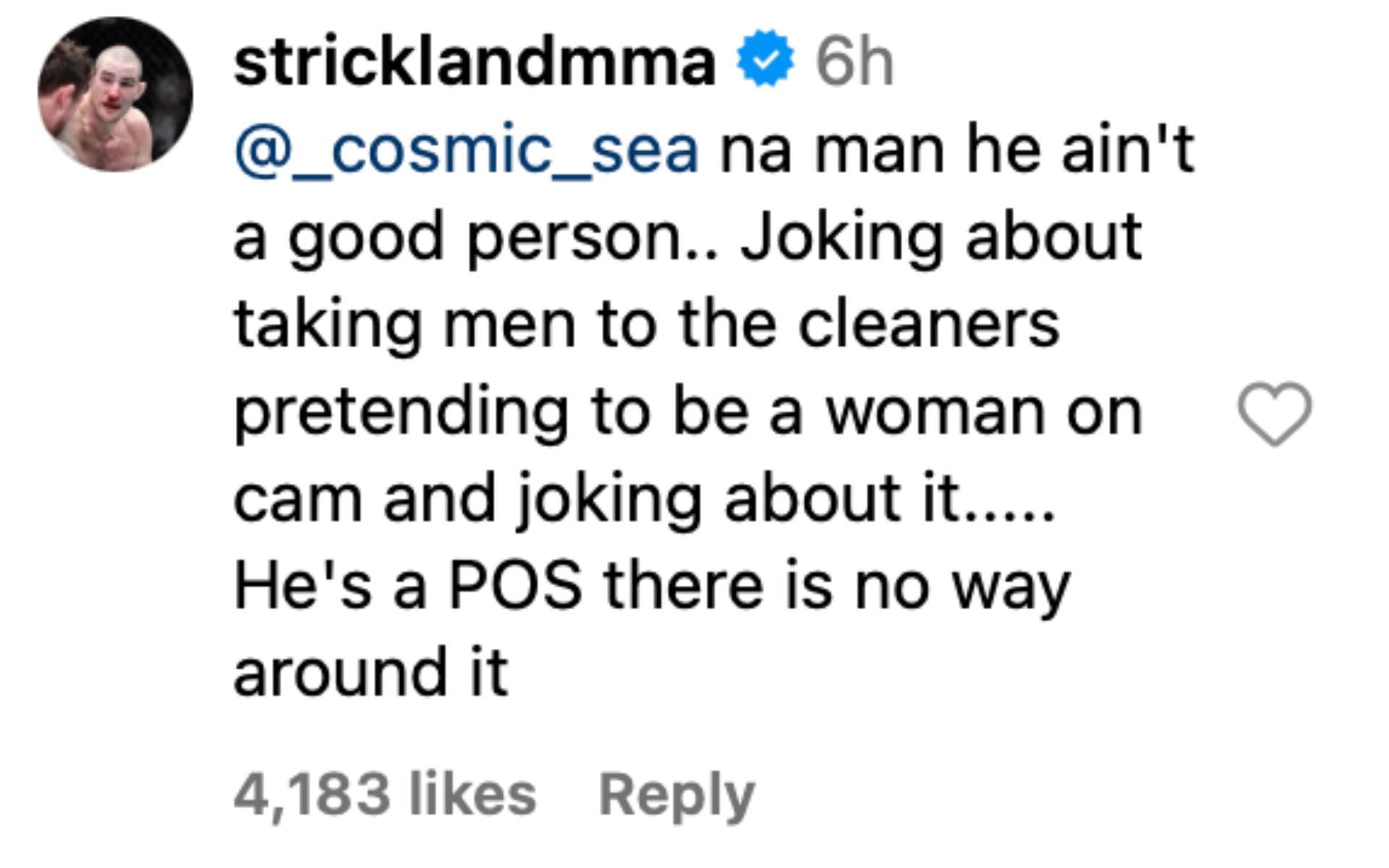 Sean Strickland responding to fans on his Instagram post [via @stricklandmma on Instagram]