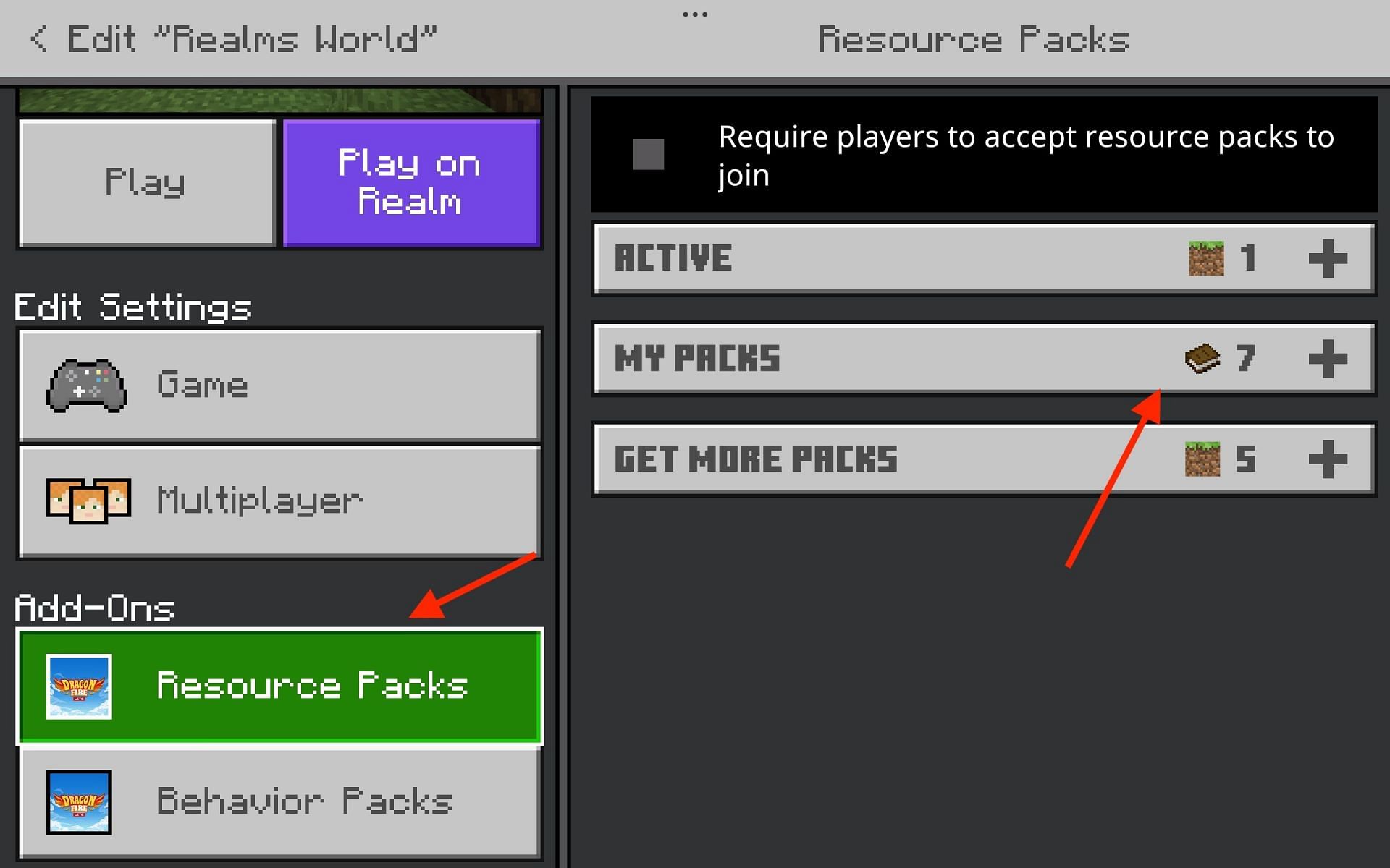 Activating the add-ons in the world setting (Image via Mojang Studios)