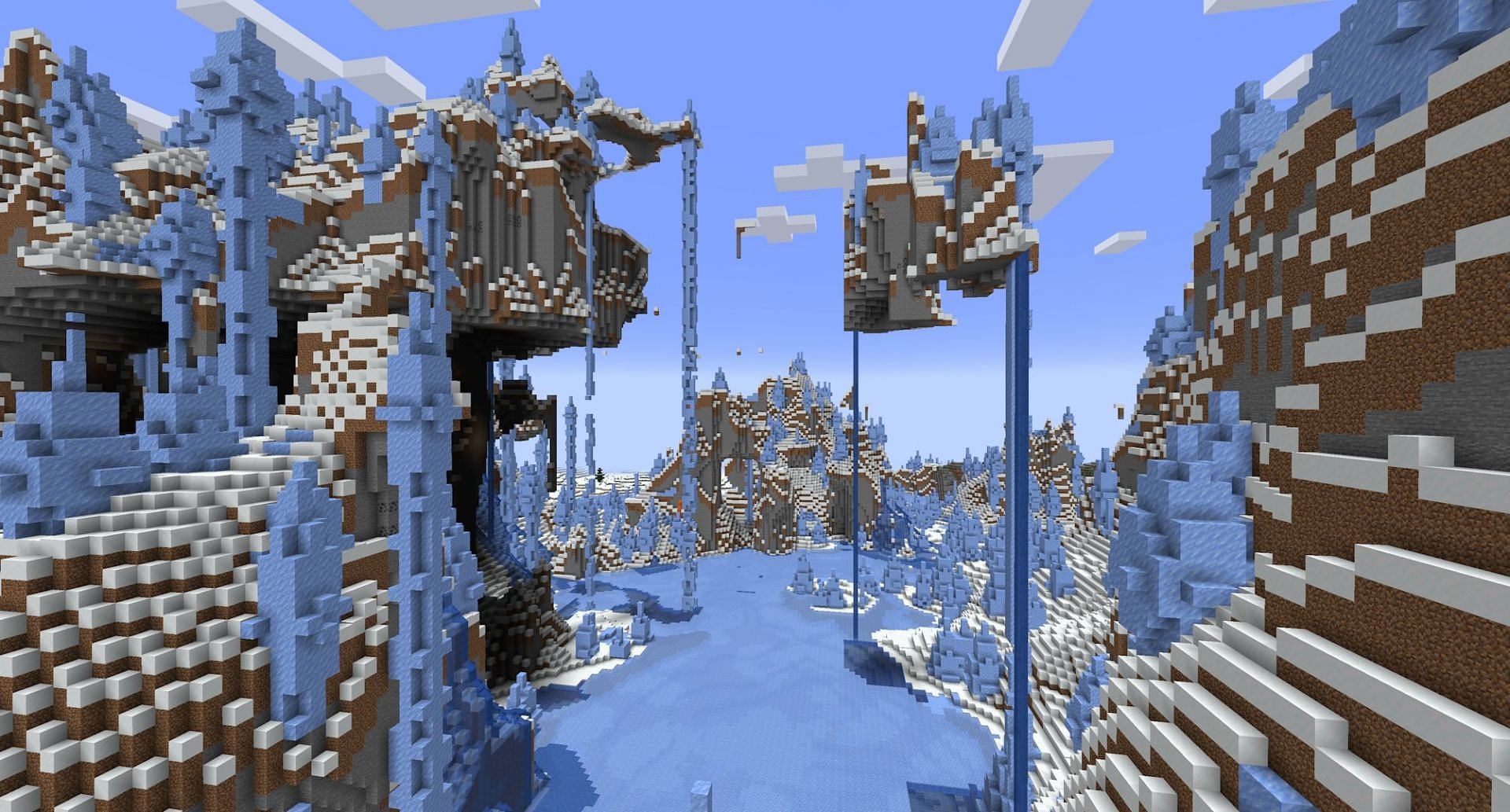 Une vue des îles flottantes gelées de spawn (Image via Mojang)