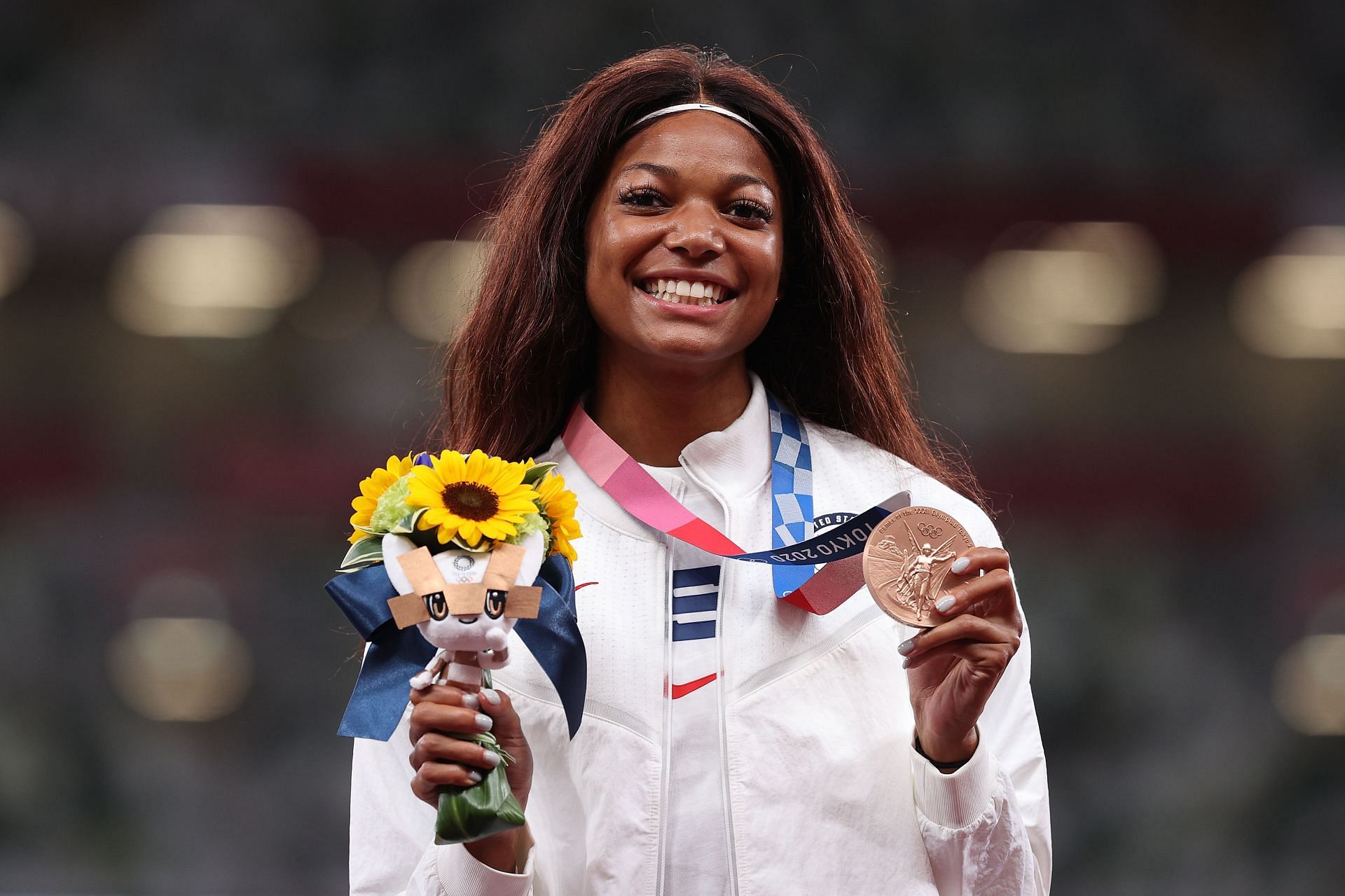 Gabrielle Thomas poses with the bronze medal for the Women&#039;s 200m Final at the 2020 Olympic Games in Tokyo, Japan.