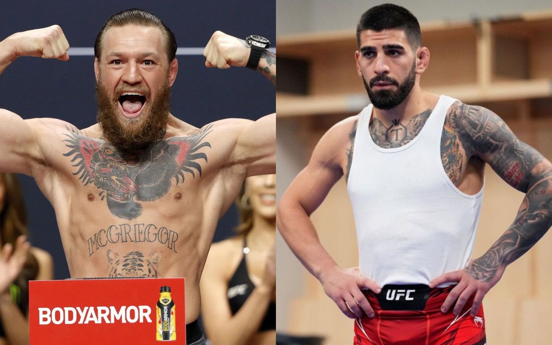 Ilia Topuria (right) has his eyes on a clash with Conor McGregor (left) at any weight class [Images Courtesy: @GettyImages and @iliatopuria on Instagram]