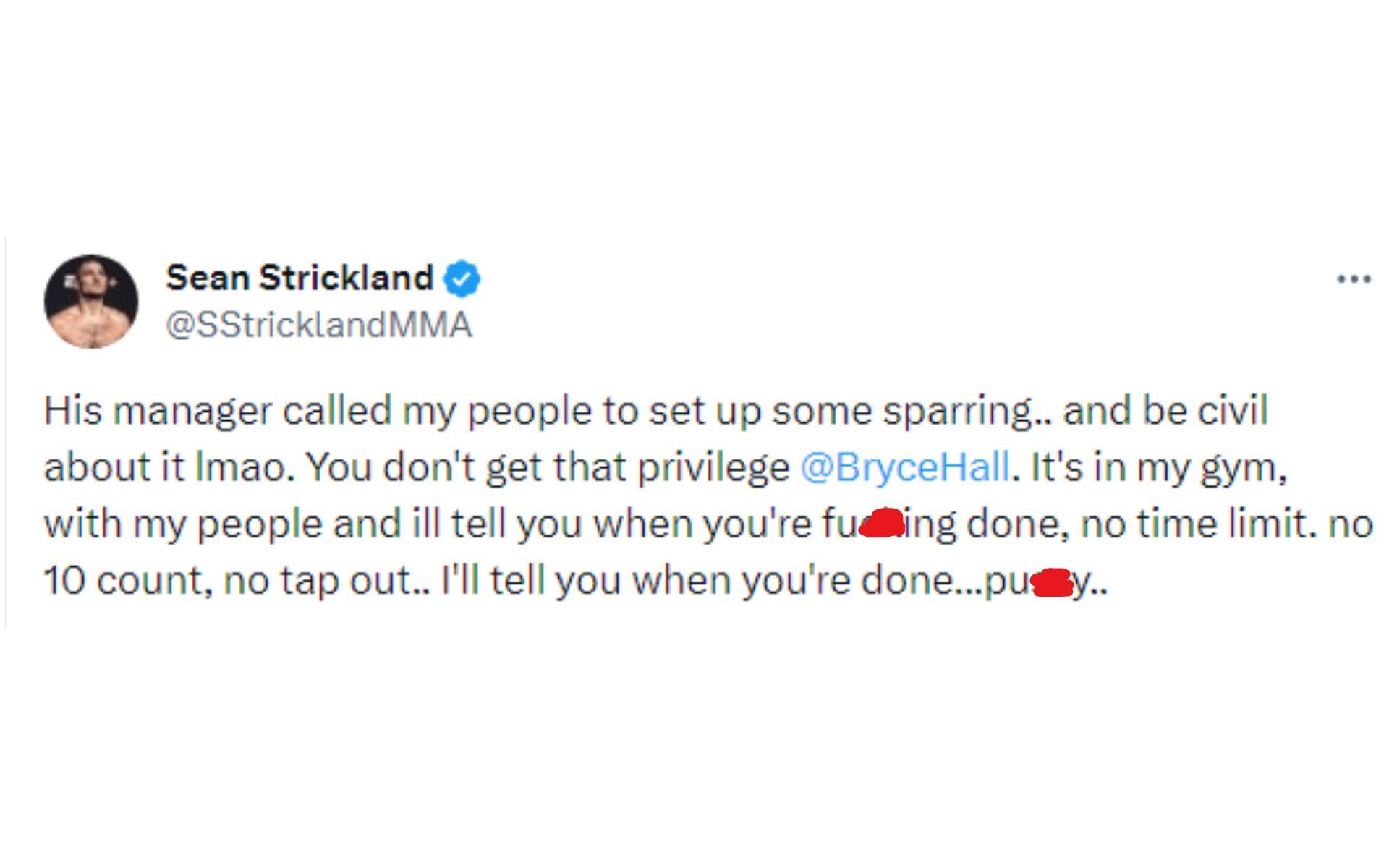 Strickland&#039;s tweet regarding Hall [Image courtesy: @SStricklandMMA - X]