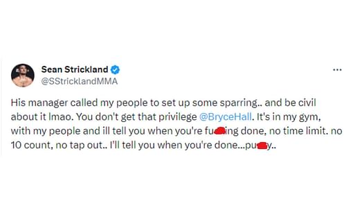 Strickland's tweet regarding Hall [Image courtesy: @SStricklandMMA - X]