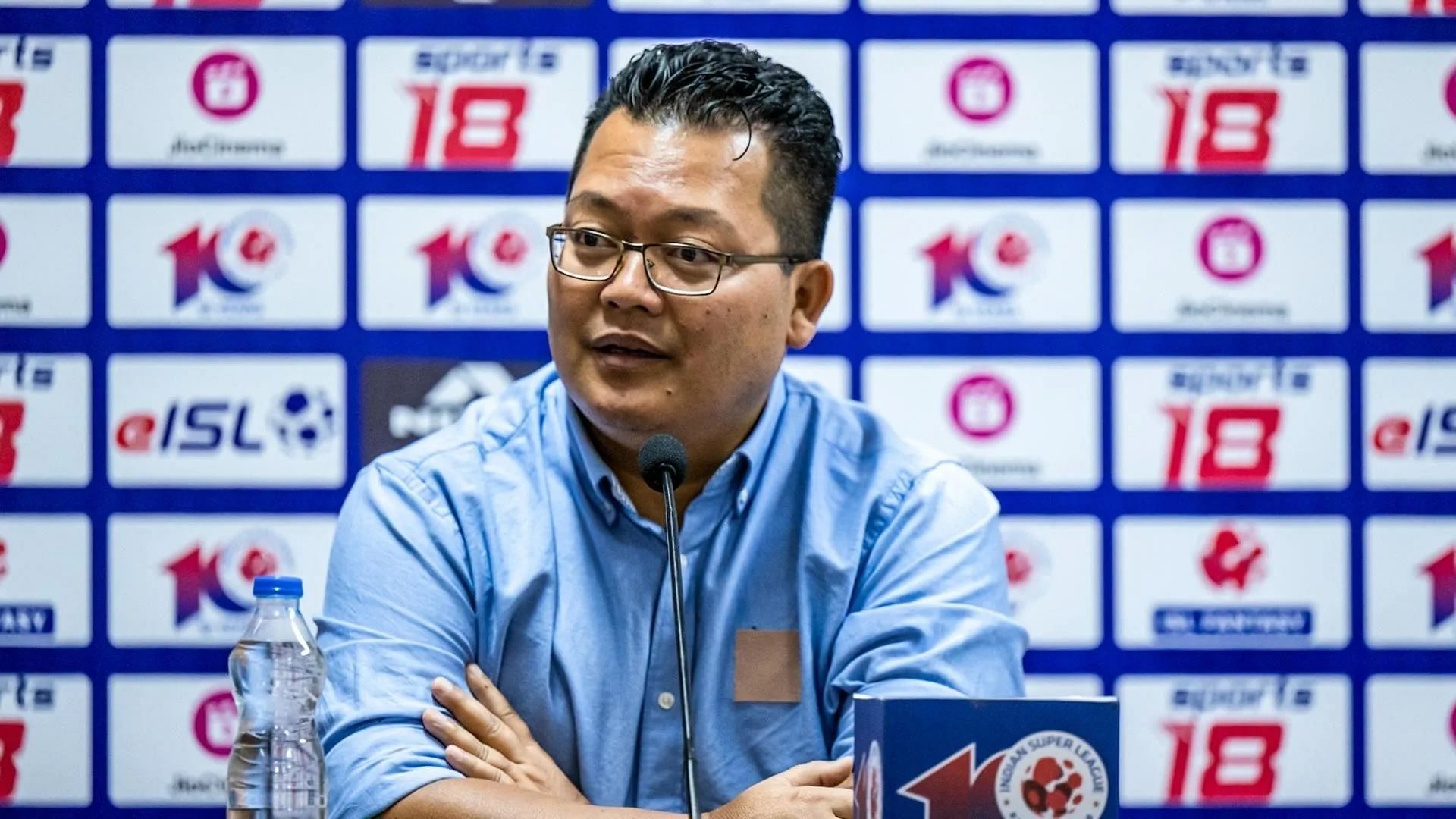 Hyderabad FC head coach Thangboi Singto speaking to the press after the game on Thursday. (ISL)