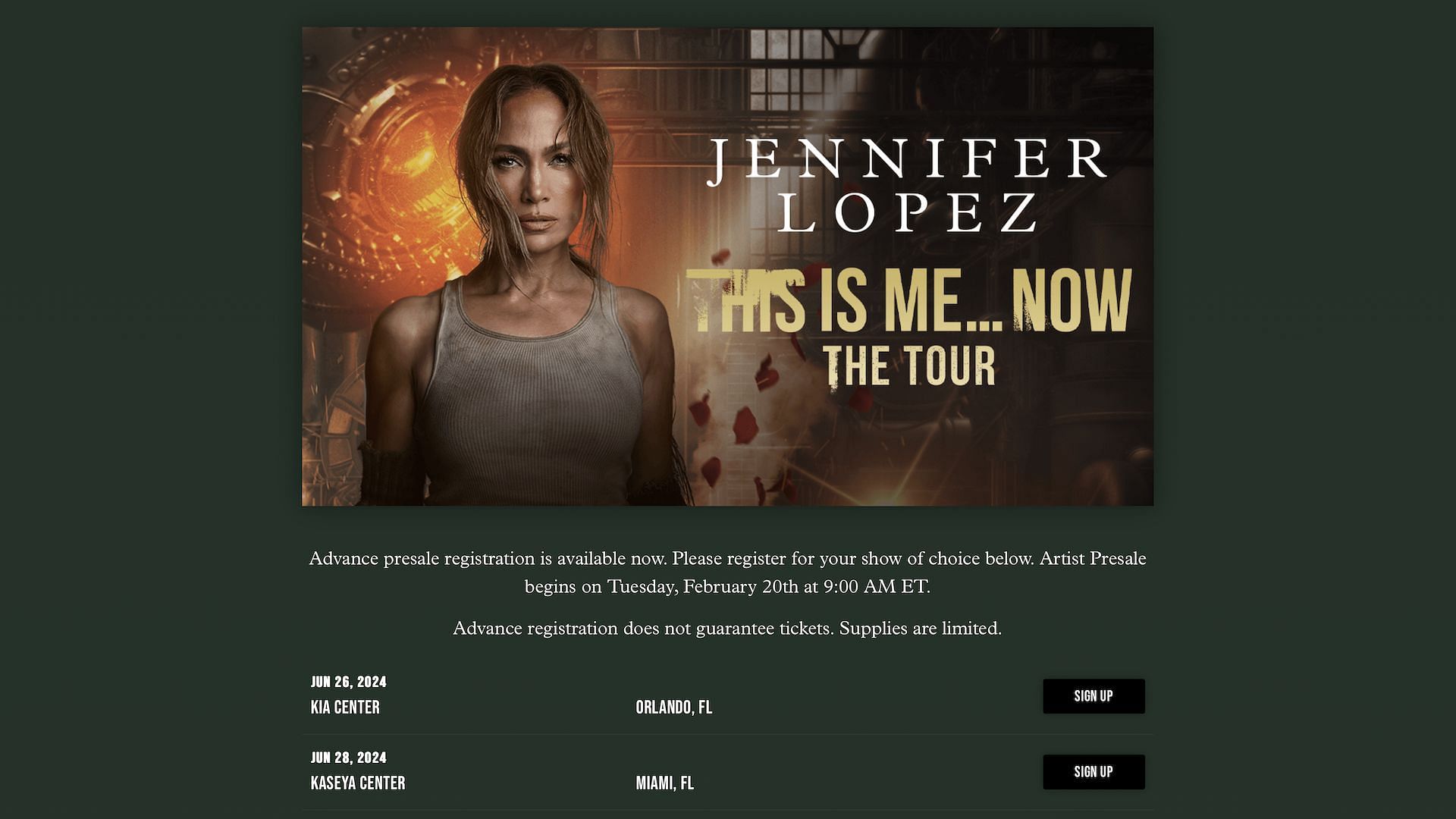 Pre-sale event registration now available on Jennifer Lopez&#039;s official website (Image via onthejlo.com)