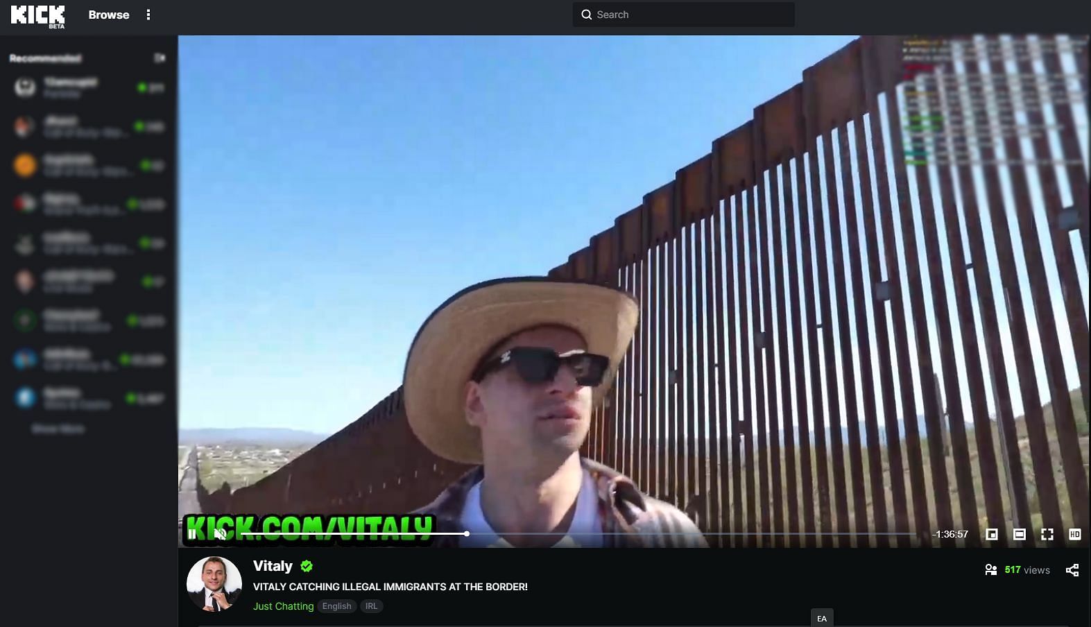 His most recent livestream about catching illegal immigrants at the border (Image via Kick)