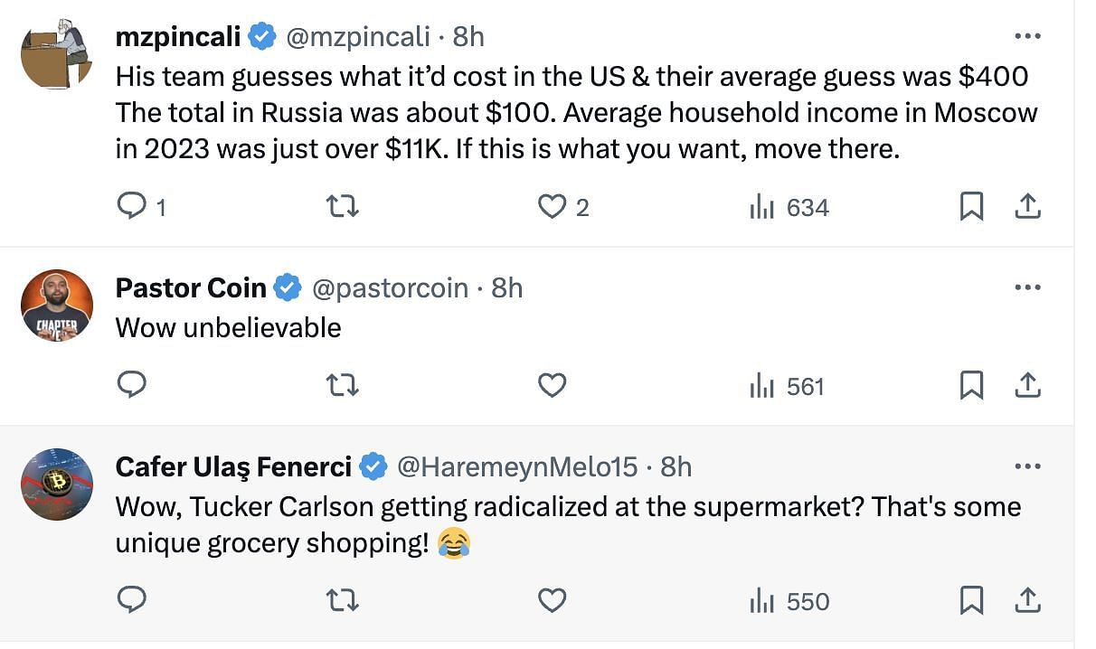 Social media users bashed Carlson as he uploaded a video comparing the Russian grocery store&#039;s prices to those in the US. (Image via @BGatesIsaPyscho/ X)