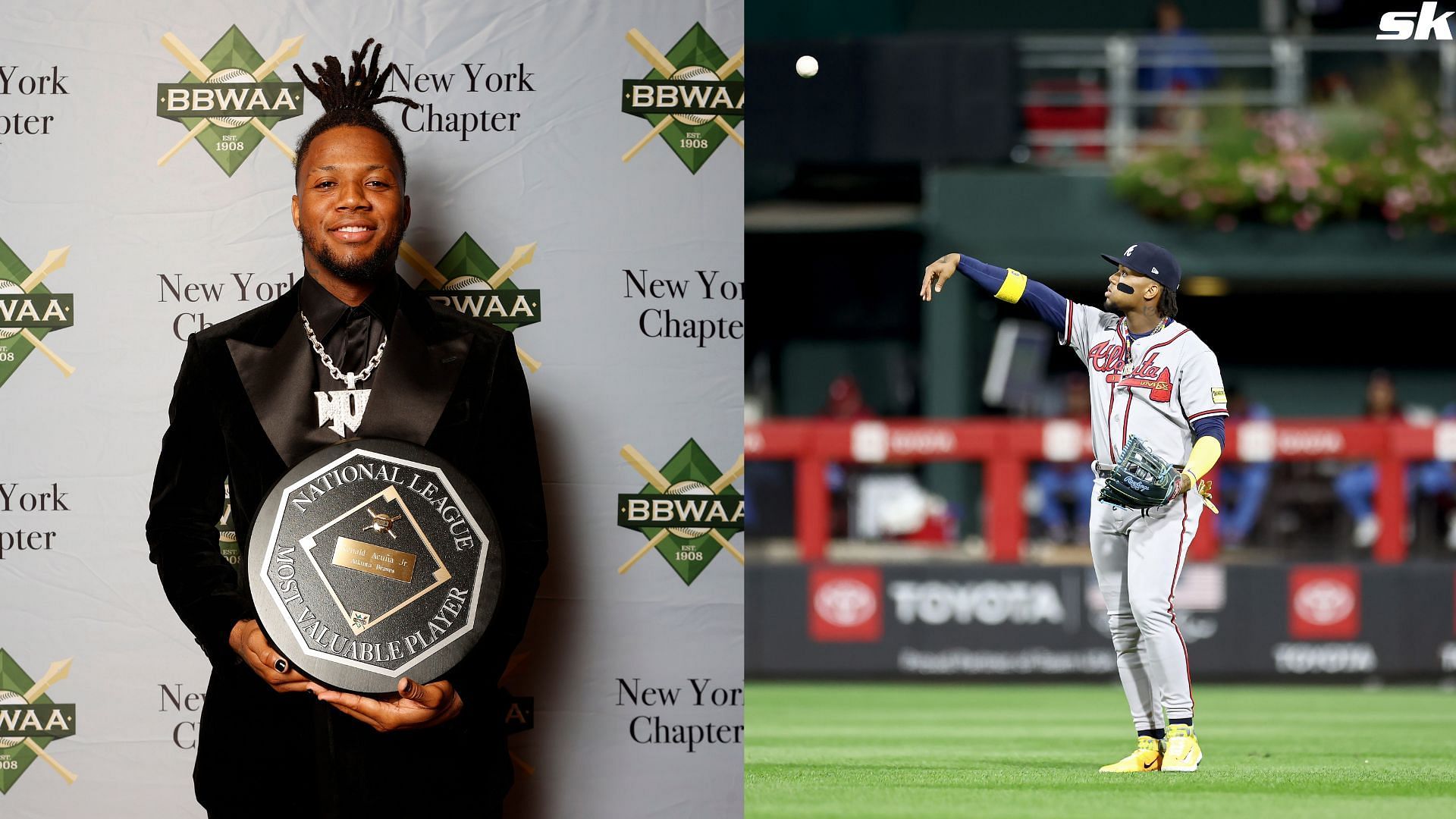 Atlanta Braves player Ronald Acuna Jr. poses with the National League Most Valuable Player award during the 2024 BBWAA Awards Dinner at New York
