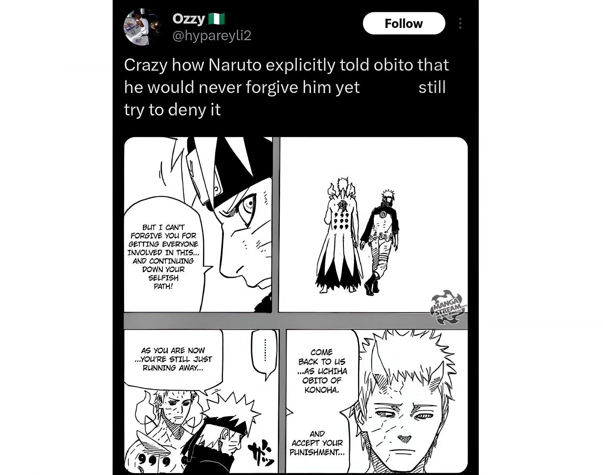 An X account claiming that the protagonist didn&#039;t forgive Obito (Image via X/Twitter)