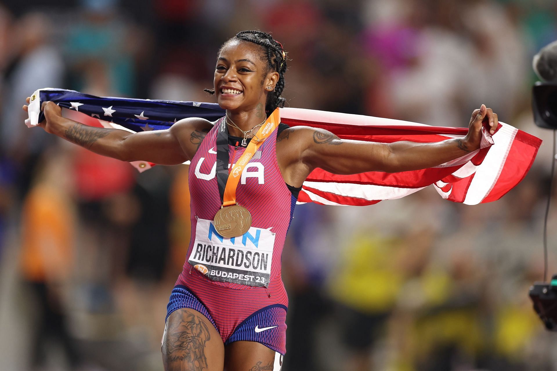 Sha&#039;Carri Richardson of Team United States celebrates winning the Women&#039;s 100m Final during the World Athletics Championships at the National Athletics Centre in Budapest, Hungary.