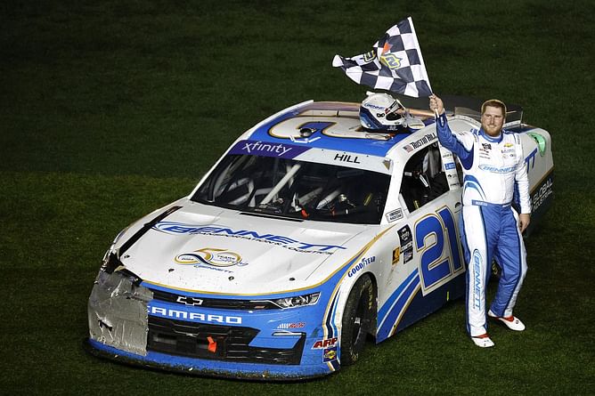 Austin Hill joins NASCAR royalty Dale Earnhardt and Tony Stewart with 'Three-peat' during Daytona Xfinity race