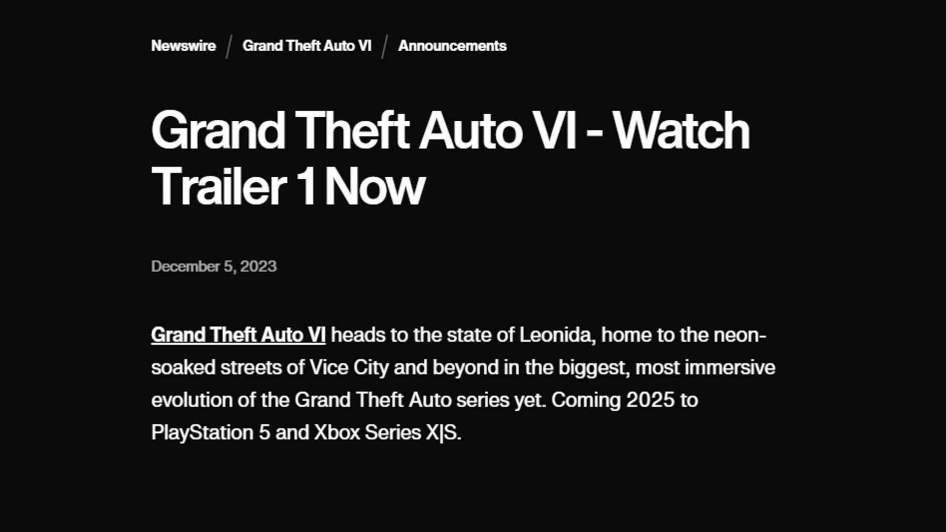 A screenshot revealing information about GTA VI set in Leonida with Vice City (Image via Rockstar Games)