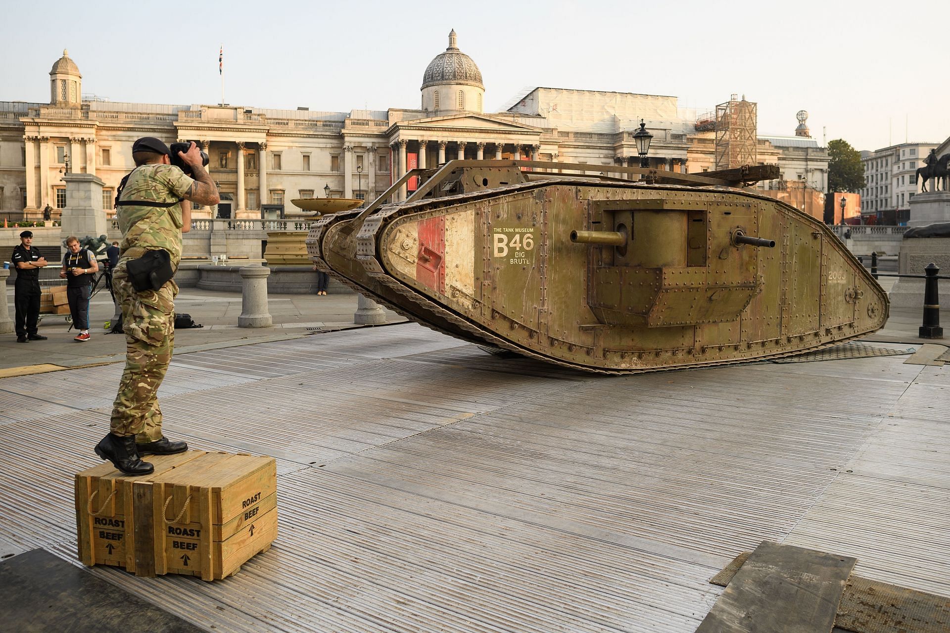 WW1 tanks in Trafalgar Square, London, to mark their centenary (Image via Getty)