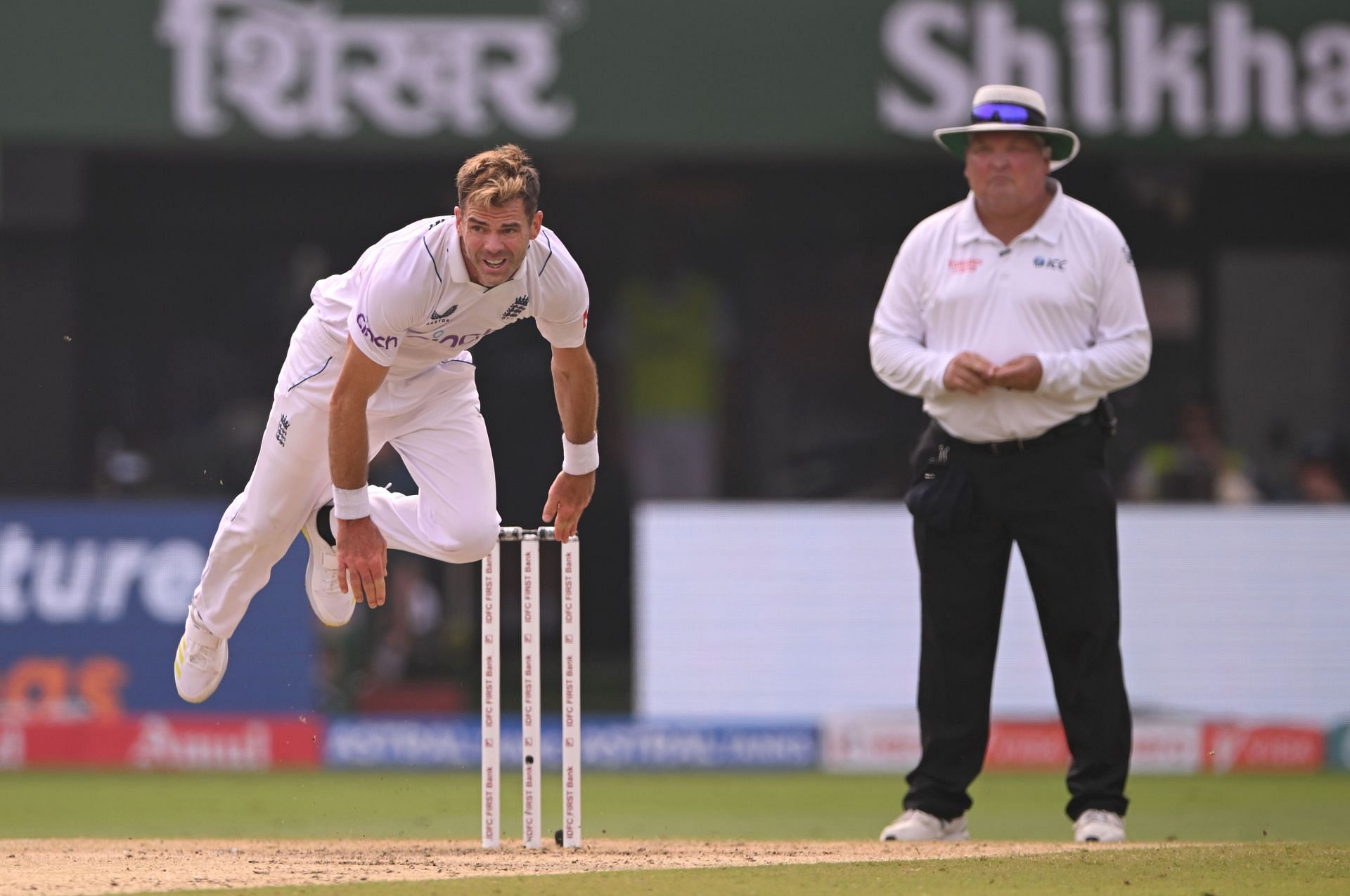 James Anderson bowls: India v England - 2nd Test Match: Day Three