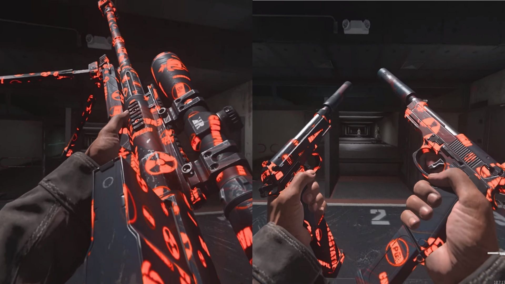 Melty Camo equipped on the KATT-AMR on the left and Akimbo Renetti on the right in Warzone