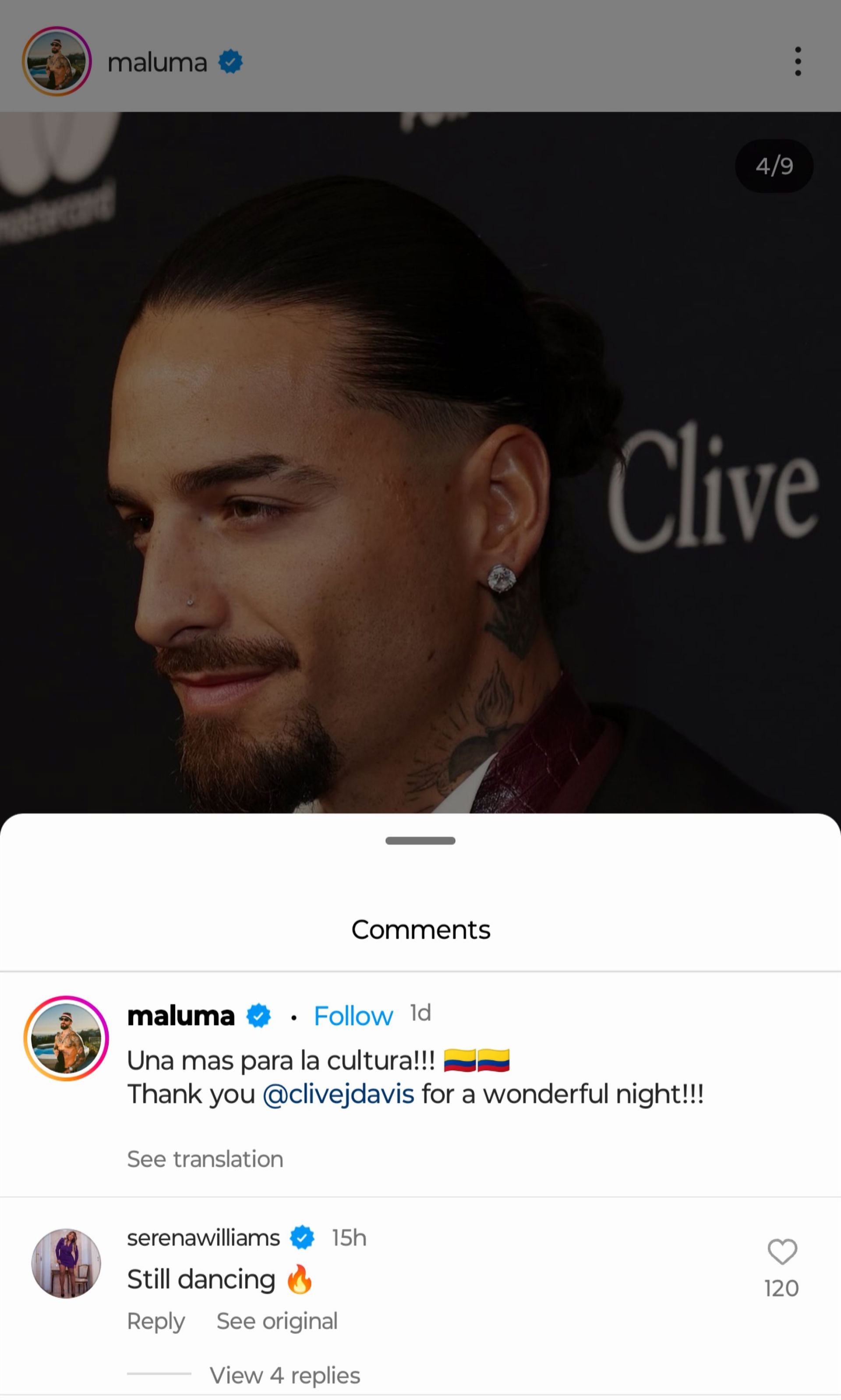 Williams&#039; comment under Maluma&#039;s post