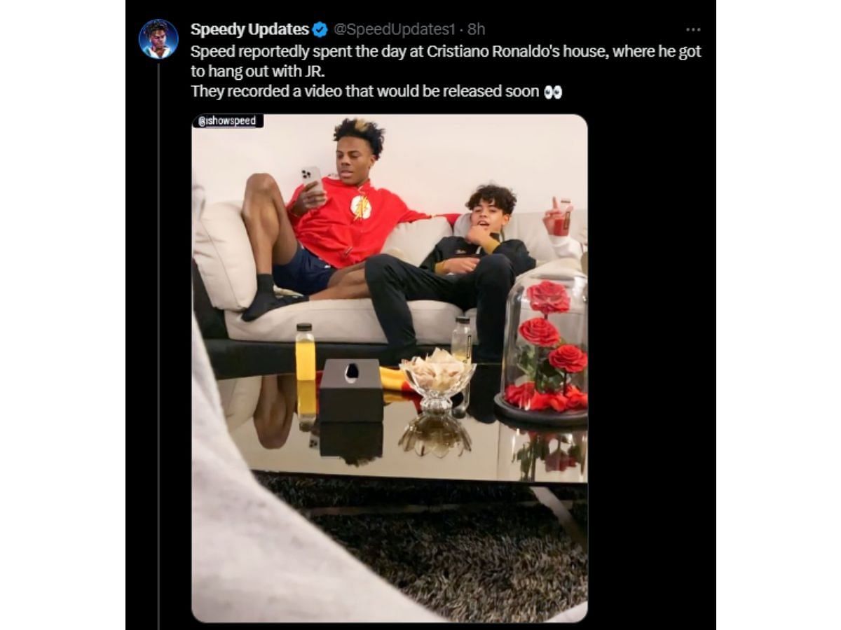 Streamer seated next to Cristiano Ronaldo Jr. in a house (Image via X)