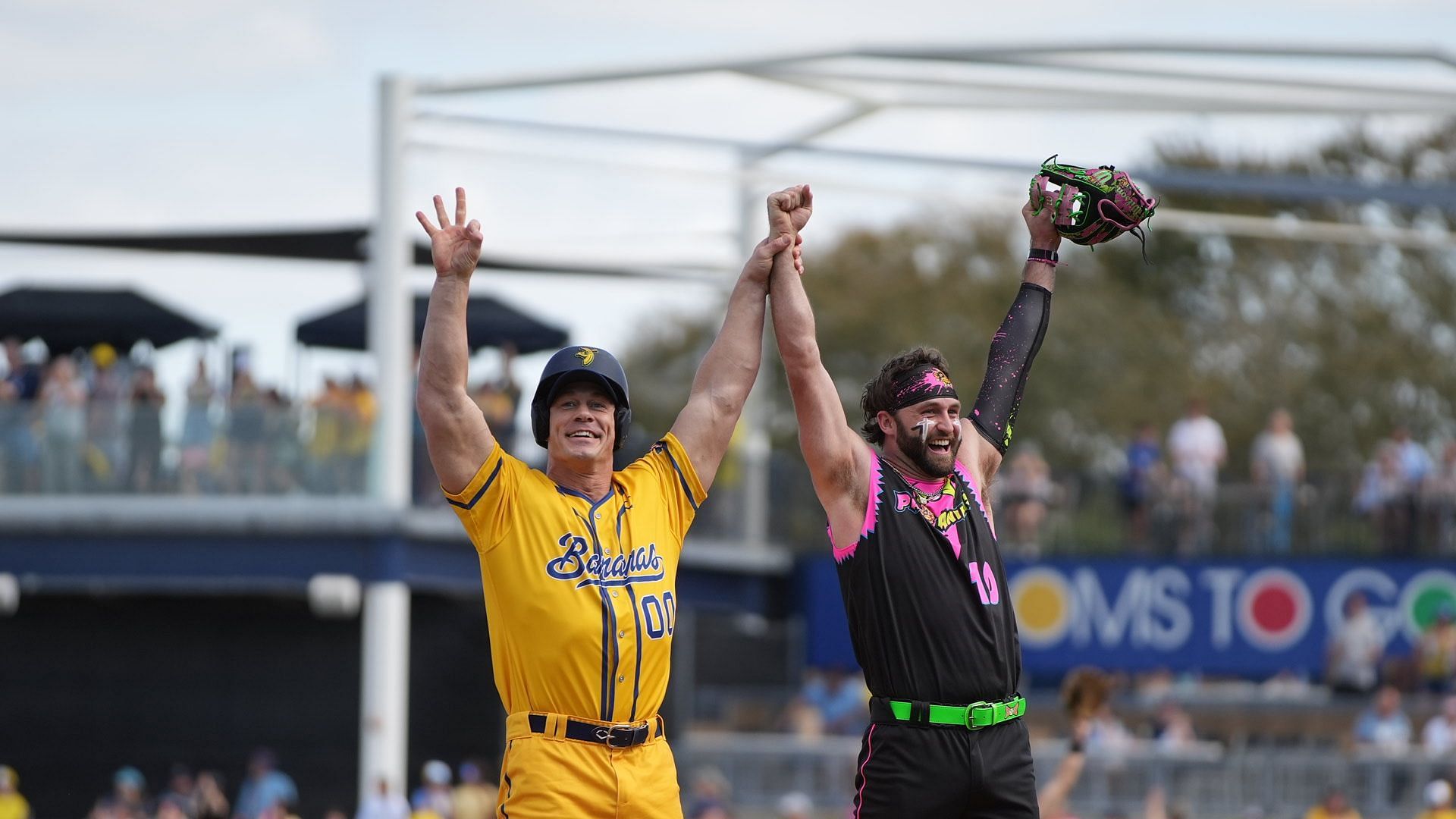 John Cena congratulating the pitcher after his strikeout playing for the Savannah Bananas on Saturday