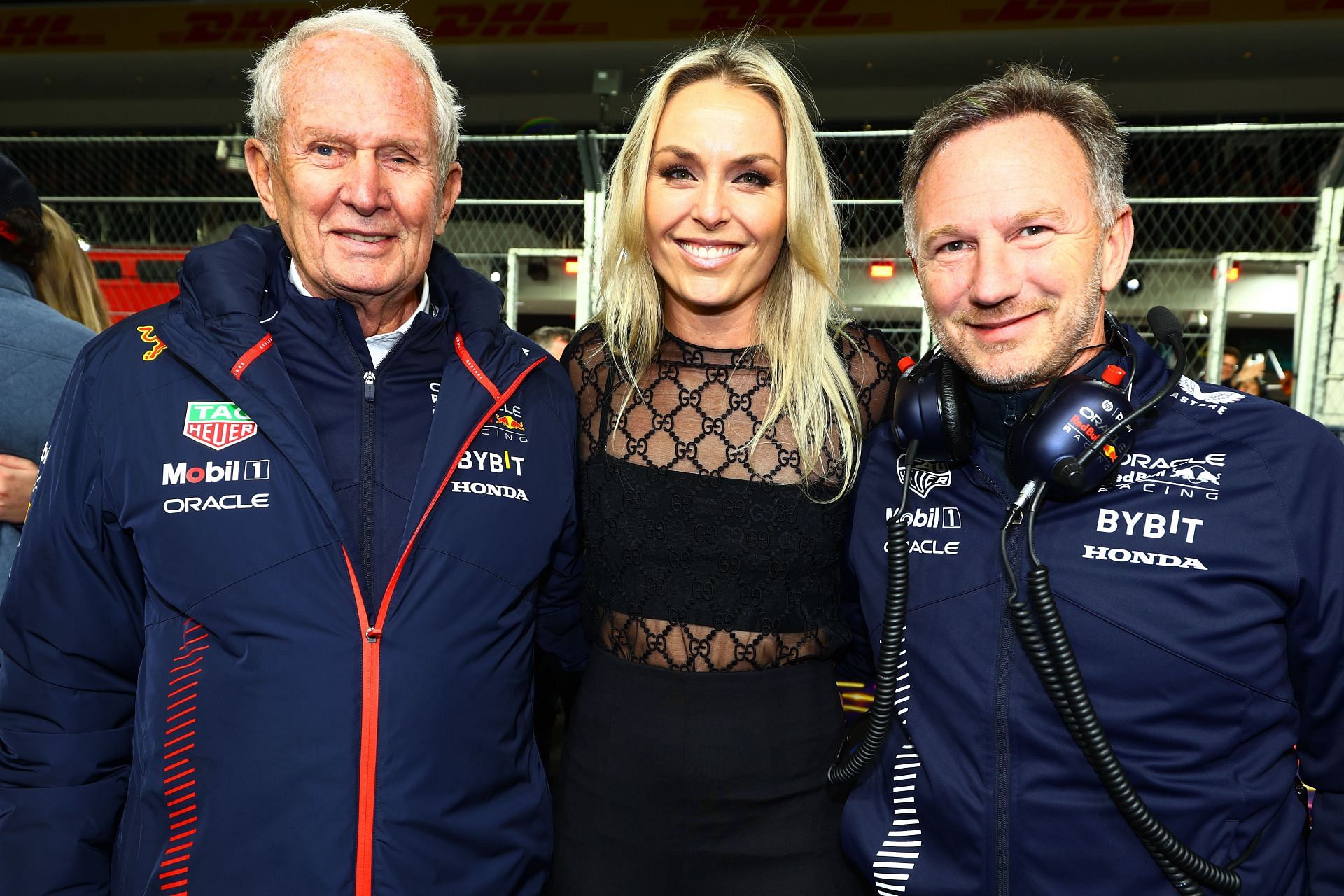 Lindsey Vonn with members of the Red Bull racing team at the Las Vegas Grand Prix
