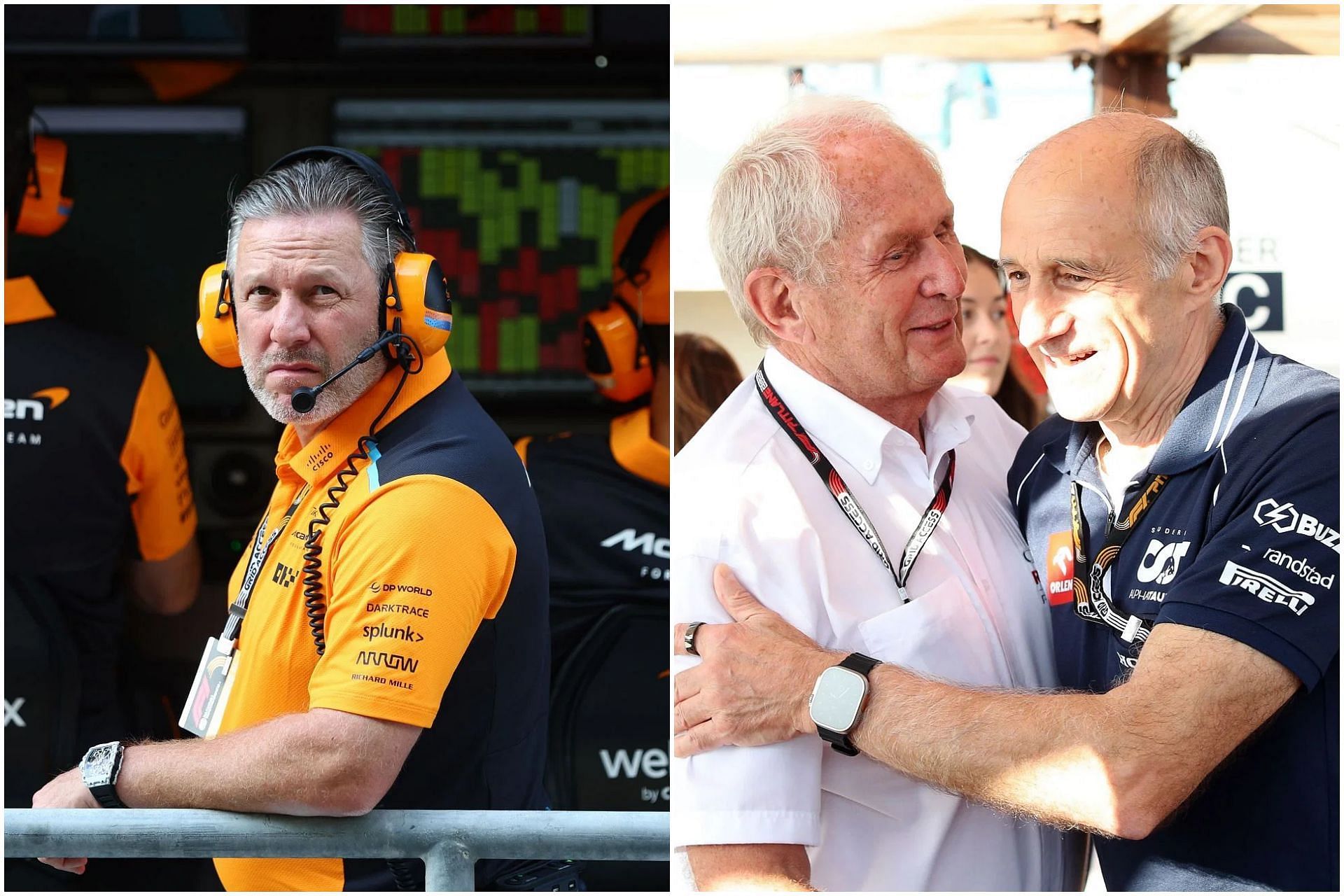 Zak Brown (L), and Helmut Marko and Franz Tost (R) (Collage via Sportskeeda)