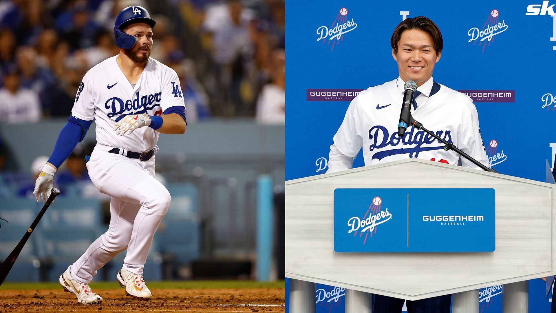 Gavin Lux of the Los Angeles Dodgers hits a two run double in game one of the NLDS against the San Diego Padres at Dodger Stadium